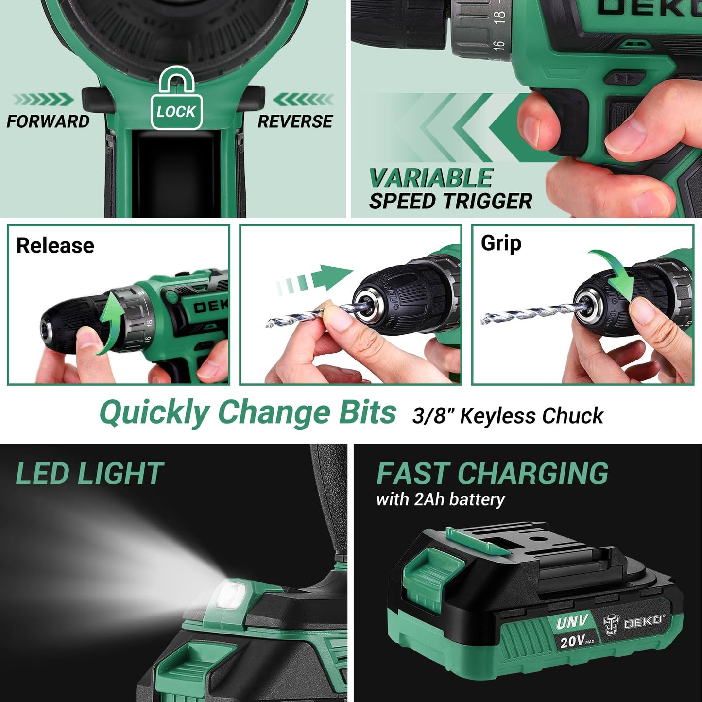 Green Drill Tool Kit Set: 20V Cordless Power Drill Tool Box with Battery Electric Drill Driver for Men Home Hand Repair Basic Toolbox Tools Sets Drills Case