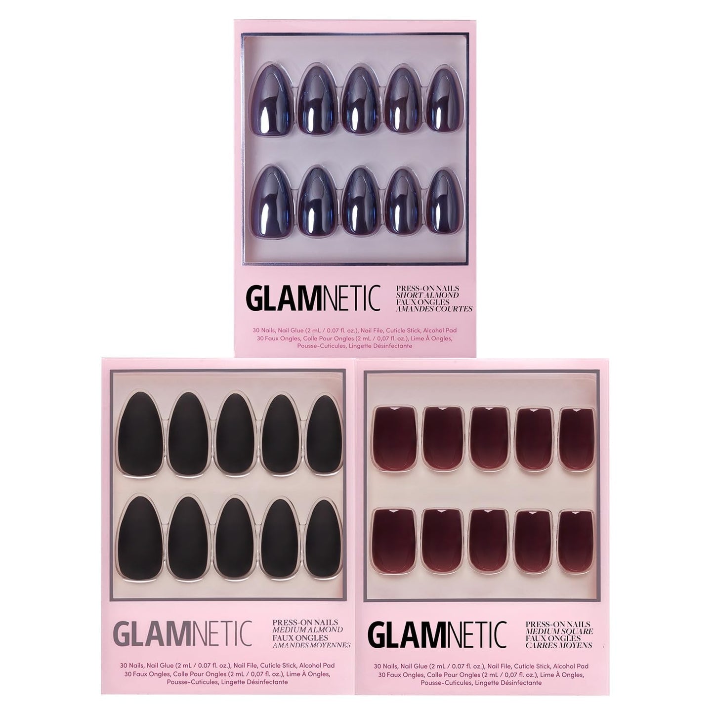 Glamnetic Press-On Nails Bundle - Burgundy Chrome, Cherry Mocha & Red Bottom | Short Almond Fake Nails with a Metallic Chrome Finish | Dark Red Medium Square Fake Nails with a Glossy Finish | Red Acce