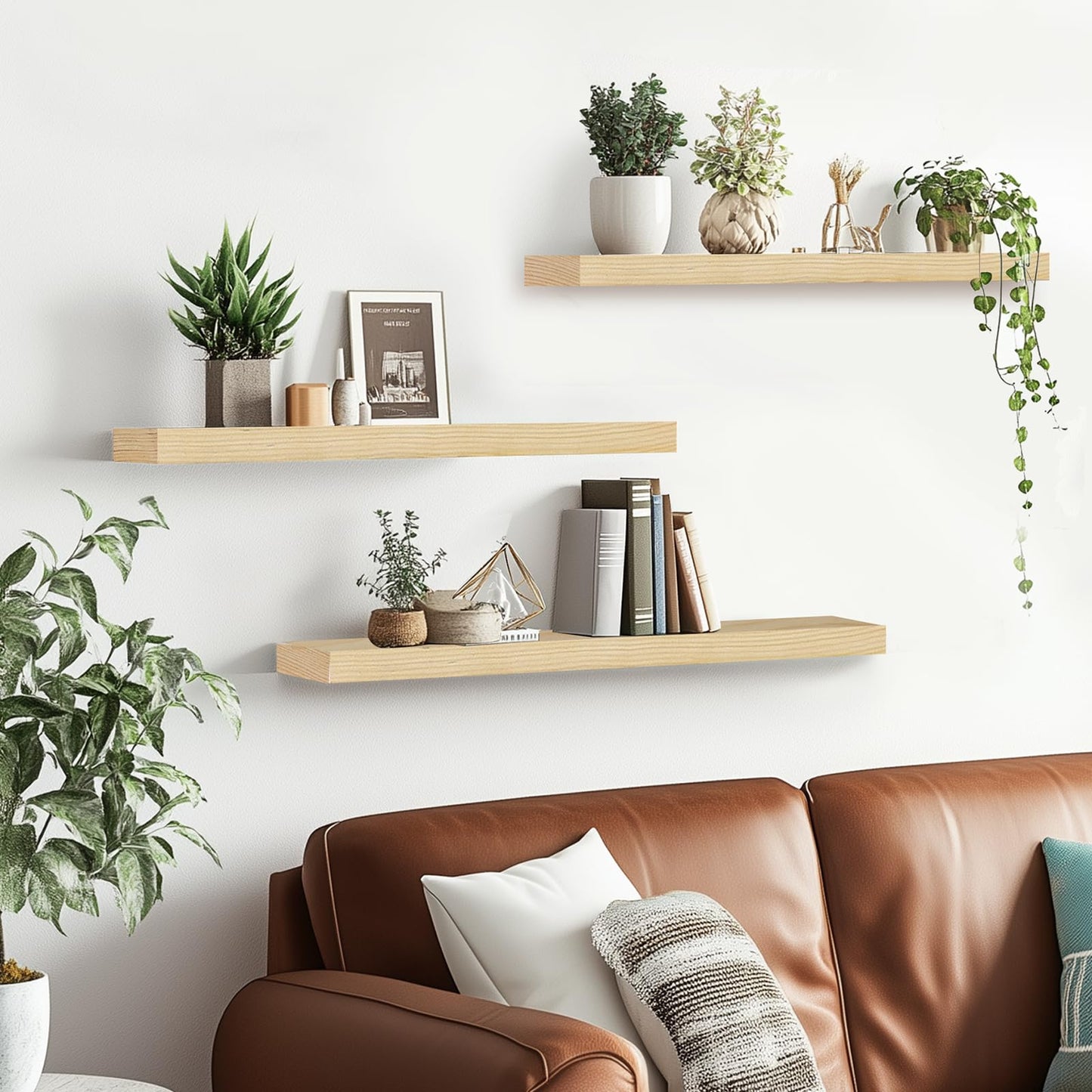 ABSWHLM Floating Wall Shelves 3-Pack - 24-Inch Rustic Wooden Shelves for Storage and Décor, Easy Installation for Living Room, Bedroom, and Kitchen