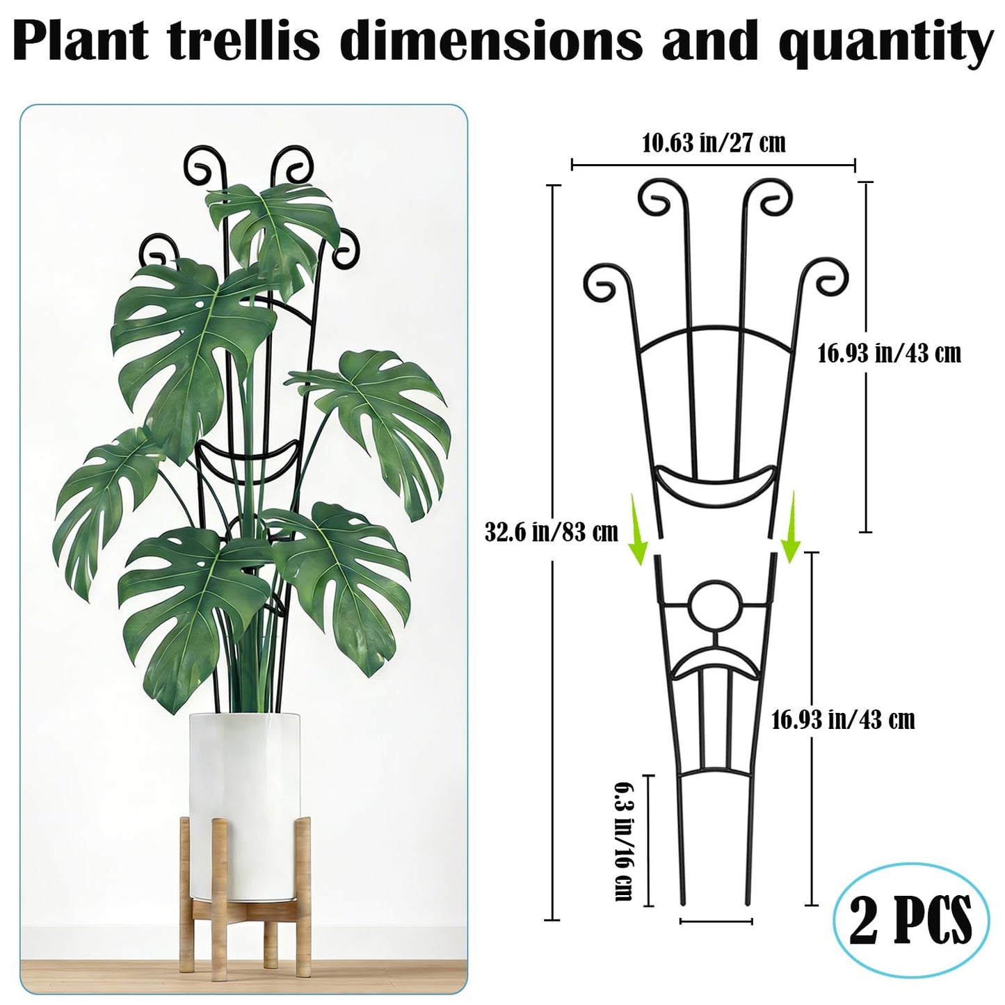 32.6in Trellis for Climbing Plants Indoor, 2 Pack Expandable Rustproof Metal Garden Plant Trellis for Potted Plants, Tall Heavy-Duty Houseplant Support for Monstera, Pothos, Ivy, Hoya