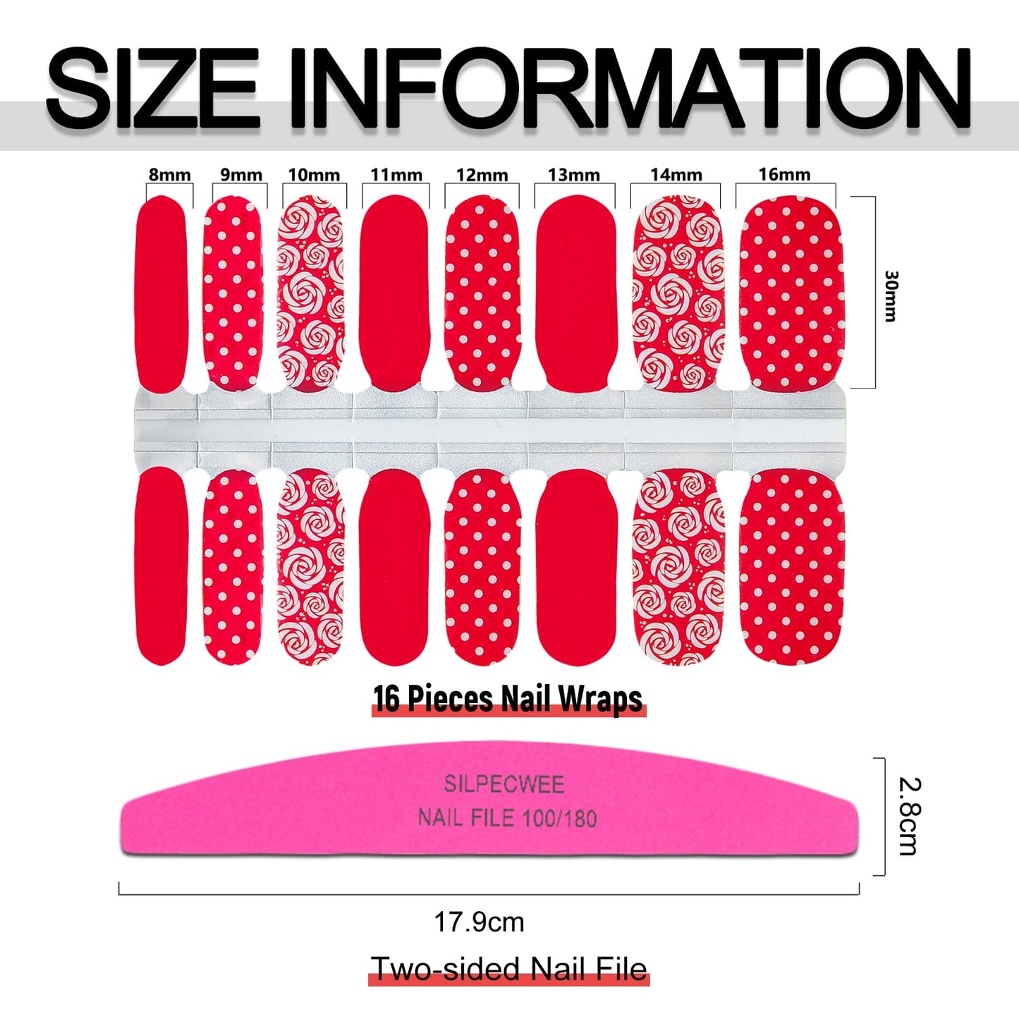 SILPECWEE 5 Sheets Red Nail Wraps for Women Valentine's Day Nail Polish Strips Gel Nail Strips Self Adhesive Nail Polish Stickers Stick on Nails Fingernails Manicure Stickers with 1pc Nail File