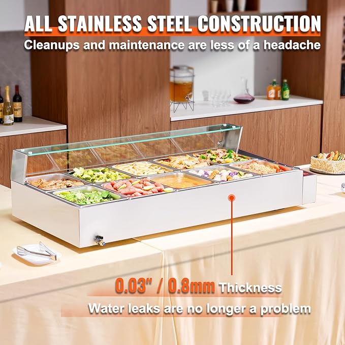 VEVOR 10-Pan Commercial Food Warmer, 10 x 8QT Electric Steam Table with Glass Cover, 1700W Countertop Stainless Steel Buffet Bain Marie 86-185°F Temp Control for Catering, Restaurants, Silver