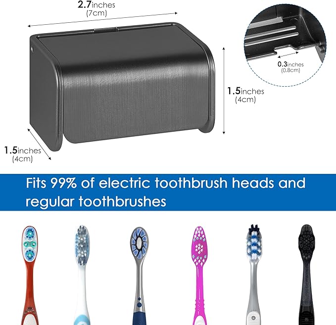 Toothbrush Holder Wall Mounted with Cover for Bathroom, 2 Slots Toothbrush Storage Organizer for Shower, Self Adhesive Toothbrush Hanger Rack for Dorm, Cabinet (Brushed Grey)