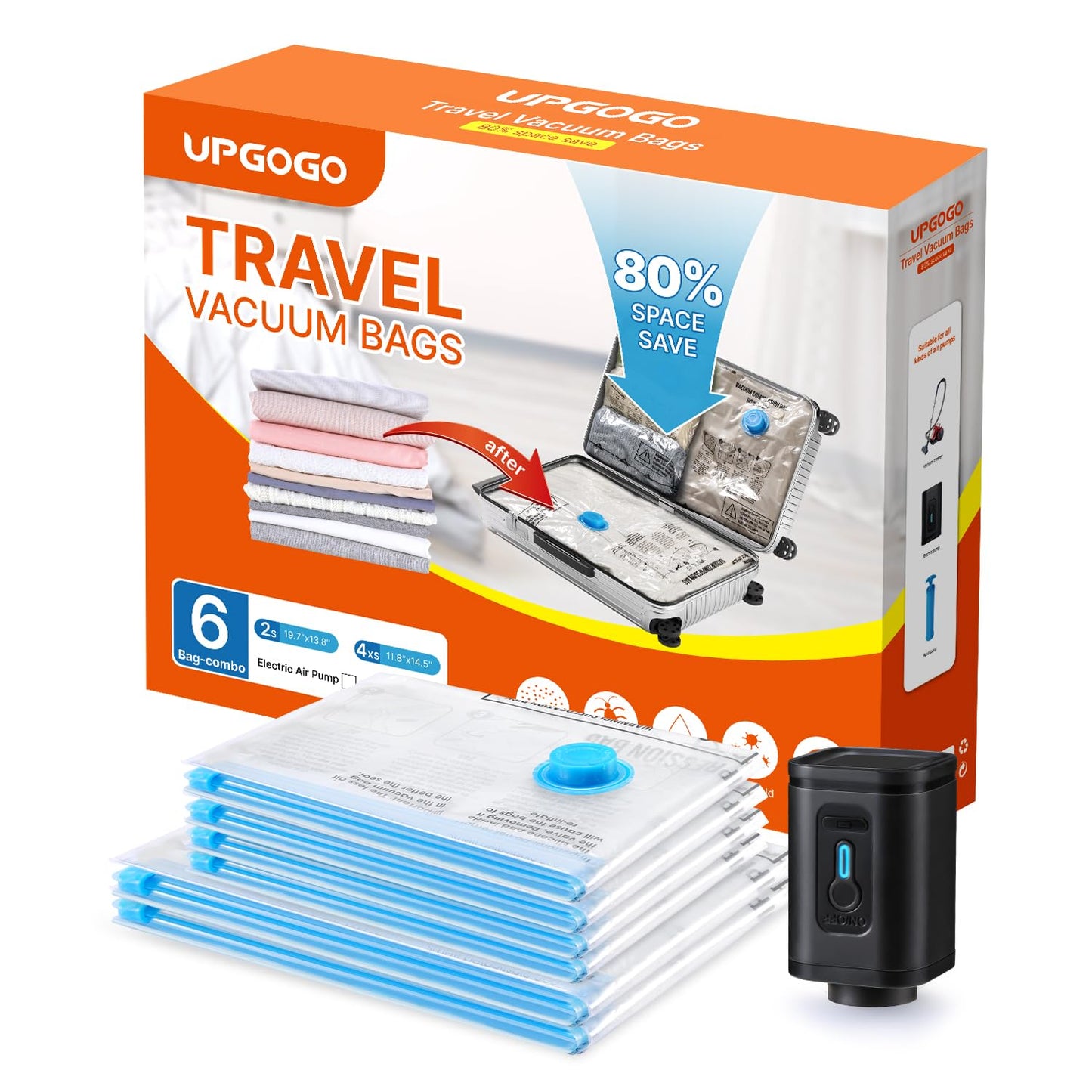 UPGOGO Travel Vacuum Bags Combo 6 Pack - Space Saver Vacuum Storage Bags for Clothing and Luggage