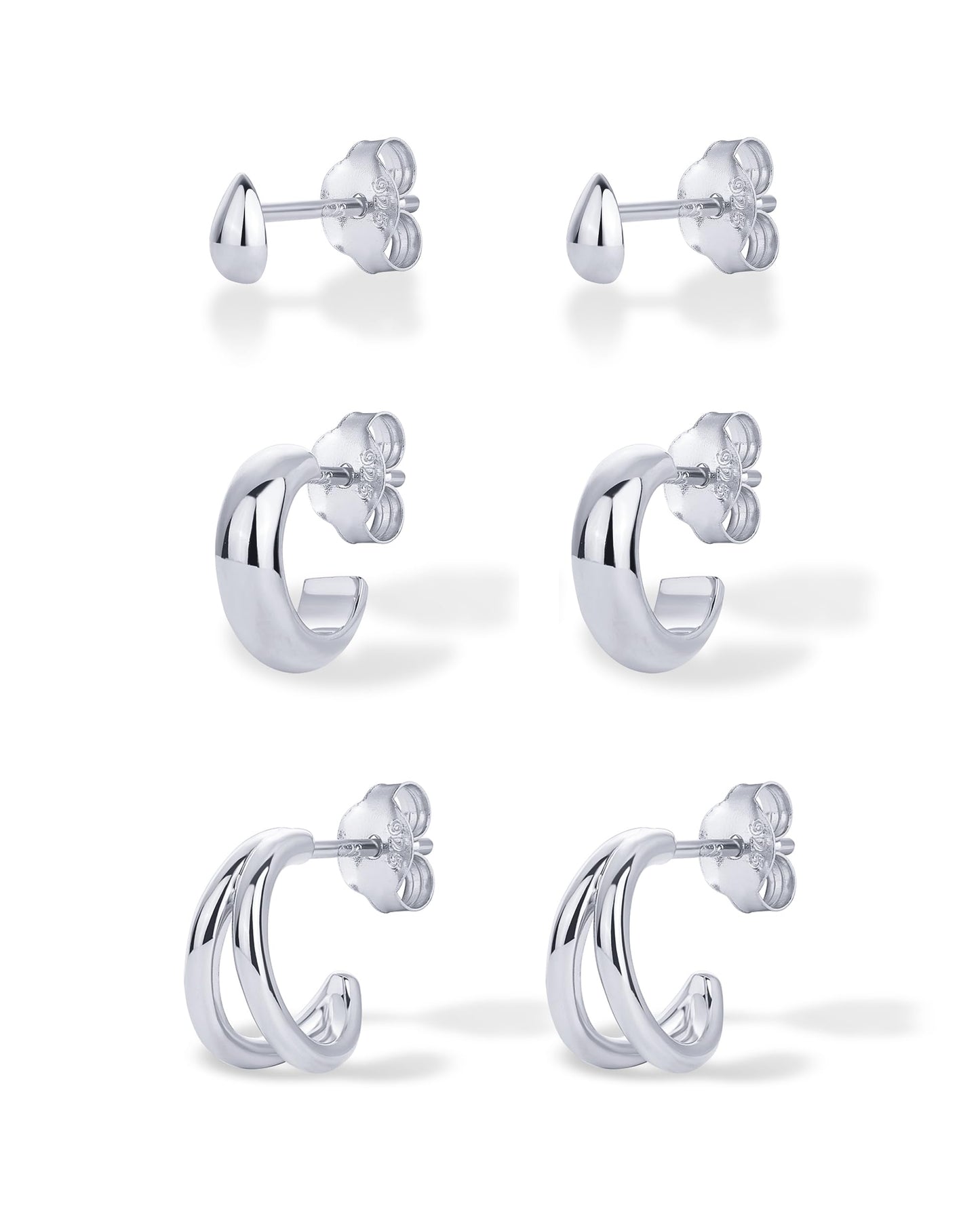 PAVOI Rhodium Plated 925 Sterling Silver Posts 3-Pair Statement Earscape Earrings for Women - Three Set Double Huggie Multi Hoop Teardrop Stud Stack Piercing Pack