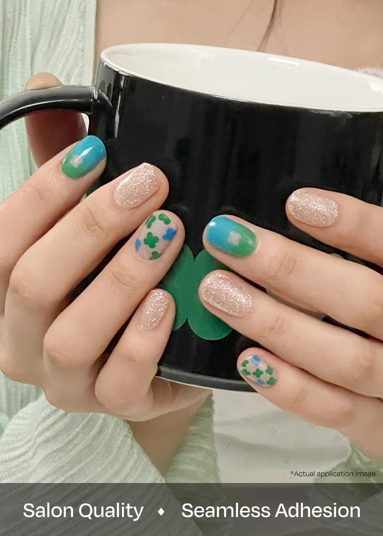 ohora Semi Cured Gel Nail Strips (N Lucky Drop Clover) - Works with Any Lamps, Salon-Quality, Long Lasting, Easy to Apply & Remove - Includes 2 Prep Pads, Nail File & Wooden Stick