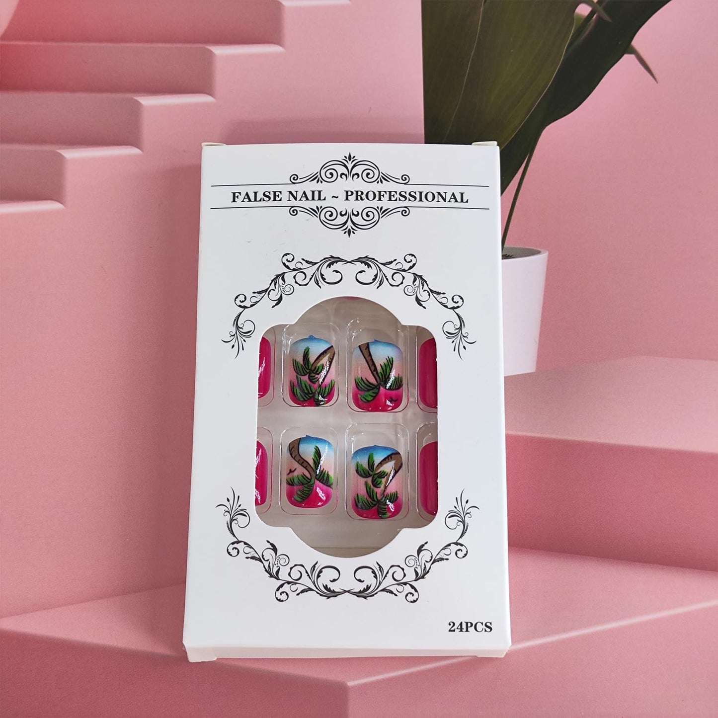 Summer Beach Press on Nails Tropical Palm Tree Designs Pink Gradient Sunset Short Square Vacation Fake Nails Reusable Full cover Stick on False Nail Set for Women 24 Pcs