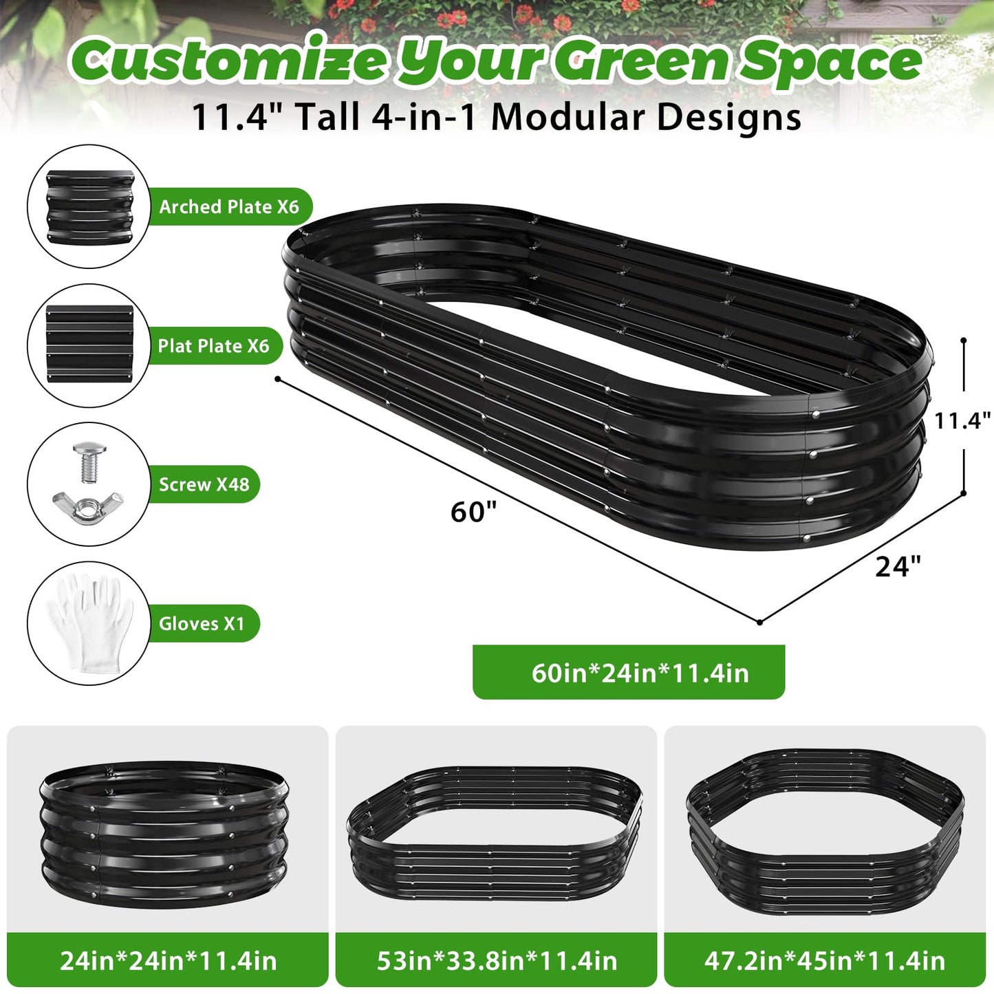 VAMFUTRE Oval Raised Garden Bed, 5 x 2 x 1FT, Galvanized Steel Planter Box with Wave-Shaped Metal Panels Painted for Outdoor Flower,Tree,Herb & Vegetable Garden (Black, 60X24X12 inches)