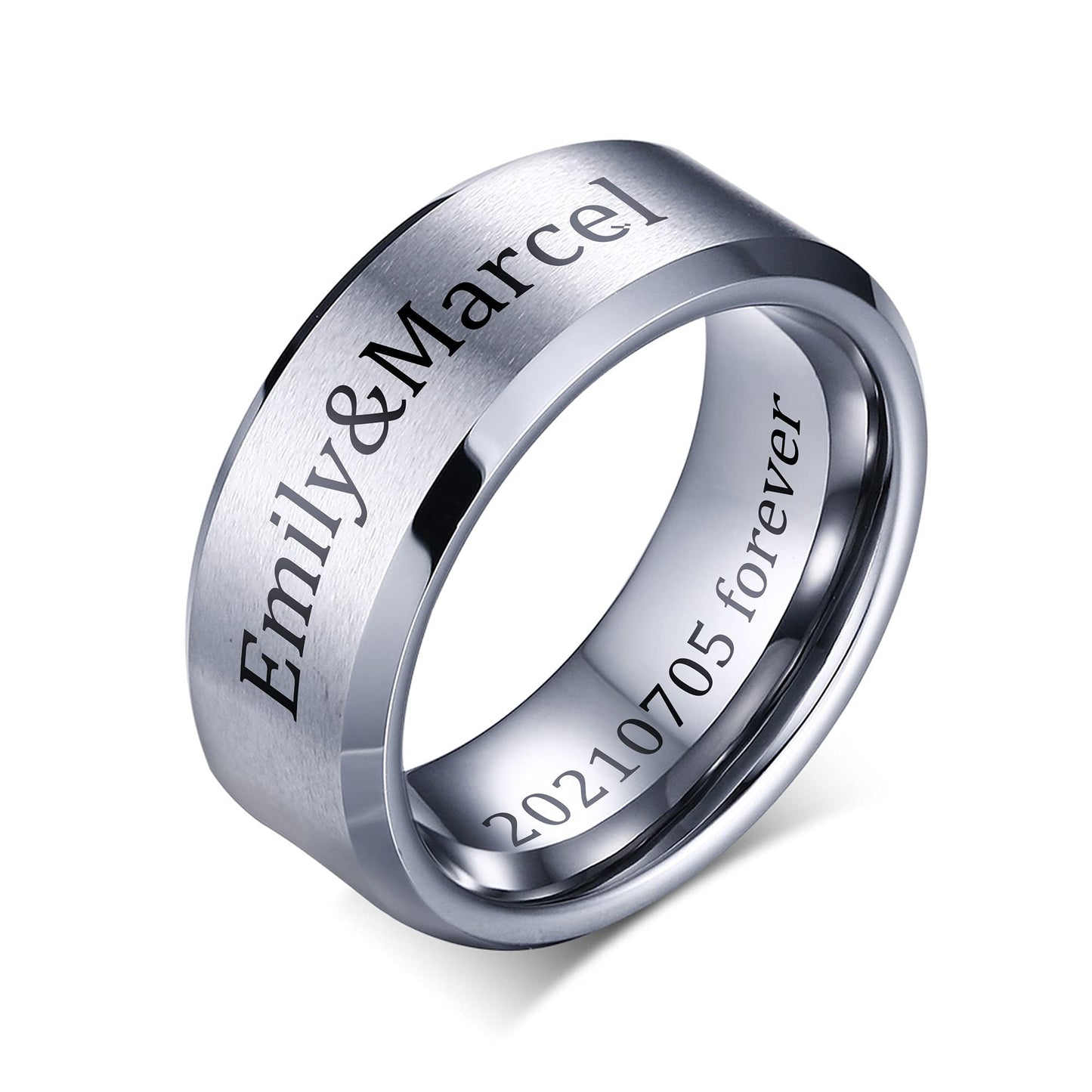 VNOX Mens 8mm Brushed Matte Tungsten Carbide Classical Simple Plain Personalized Custom Name Date Wedding Band Wedding Engagement Ring,Silver,Size 8