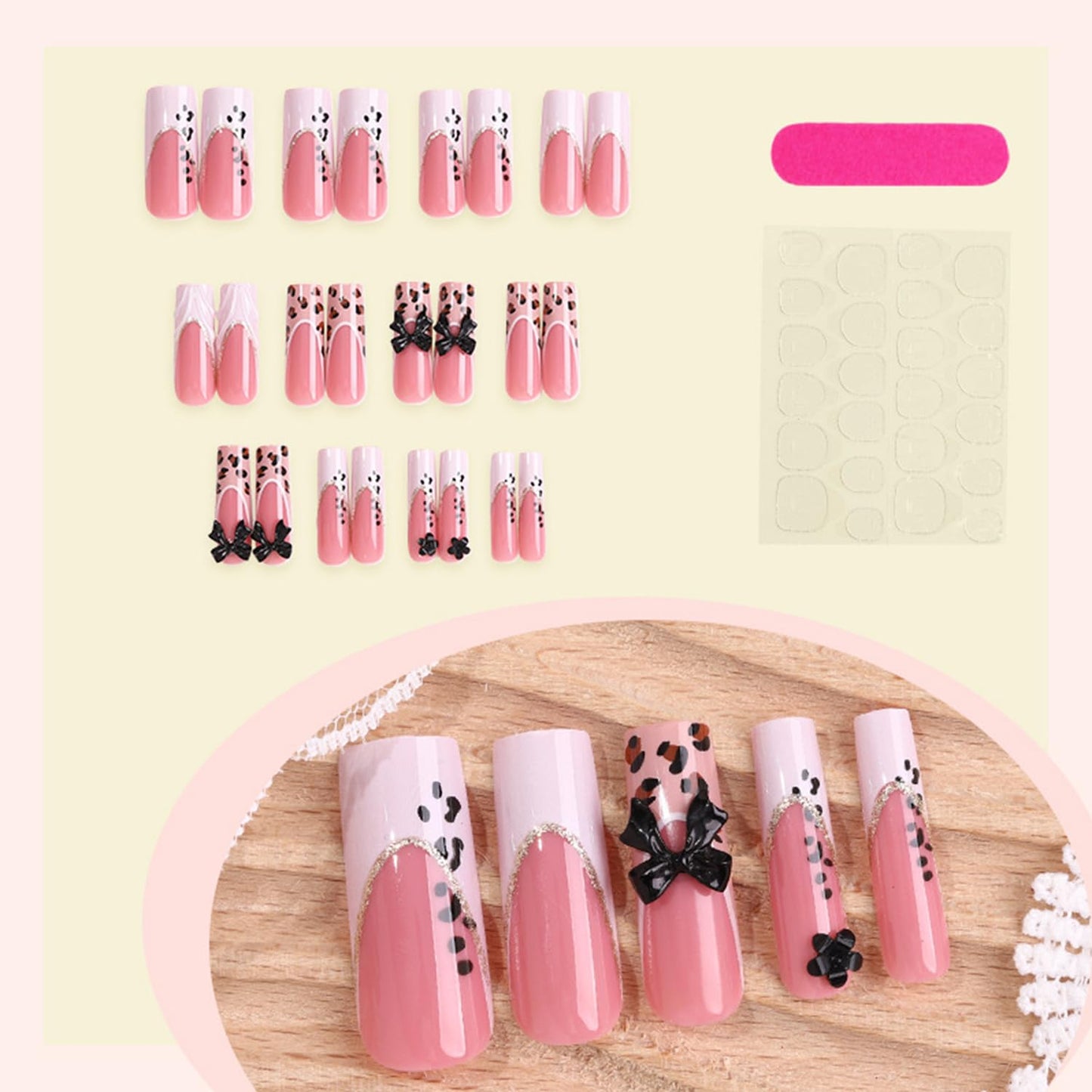 Vopintpy Leopard Print French Tip Press on Nails Long Square Fake Nails with Design 3D Black Bow Acrylic Glue on Nail Reusable Full Cover Artificial Stick on Nail for Women DIY Manicure