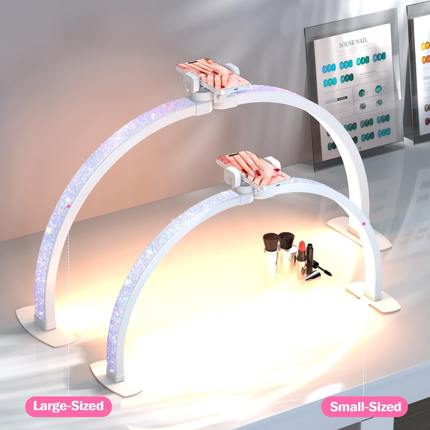 SLYFTE Professional Large Half Moon Light for Nail Desk with Phone Holder, Arch Light for Nail Techs for Manicure Table (Pink, Large)