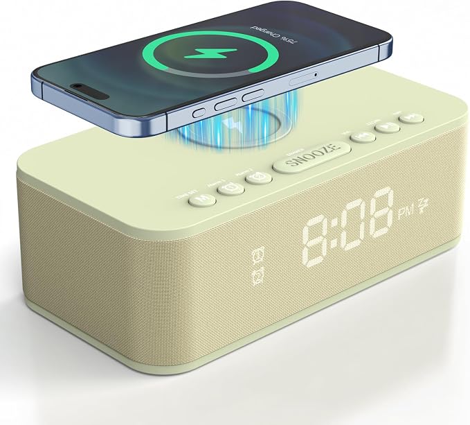 Digital Alarm Clock White Noise, Loud Digital Alarm Clocks Bedrooms, Alarm Clock Speaker Wireless Charger AUX USB Bluetooth Speaker 12/24H Dual Alarm Snooze Adjustable Brightness, Cream