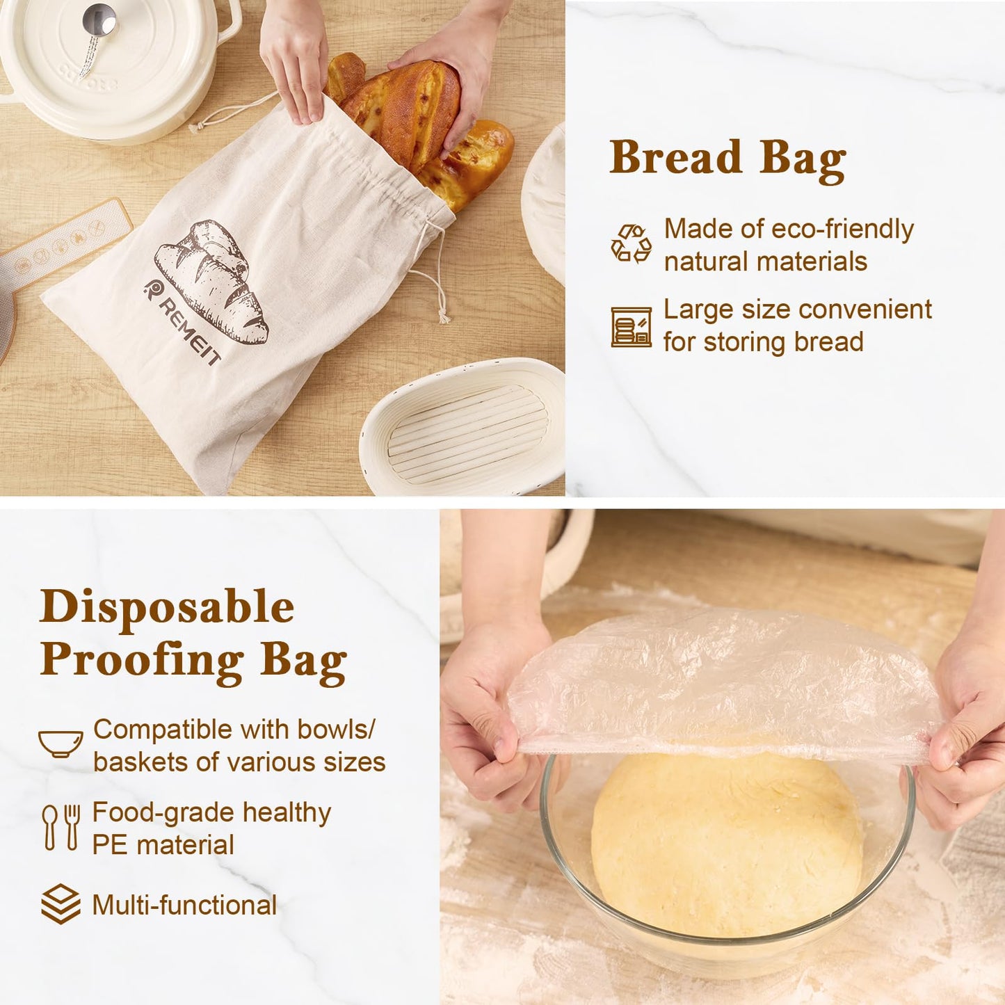 REMEIT Banneton Bread Proofing Basket Sourdough Bread Baking Supplies, Sourdough Starter Kit with 9" Round and 10" Oval Baskets, Sling, Bread Lame, Proofing Cover, Scraper, Dough Whisk