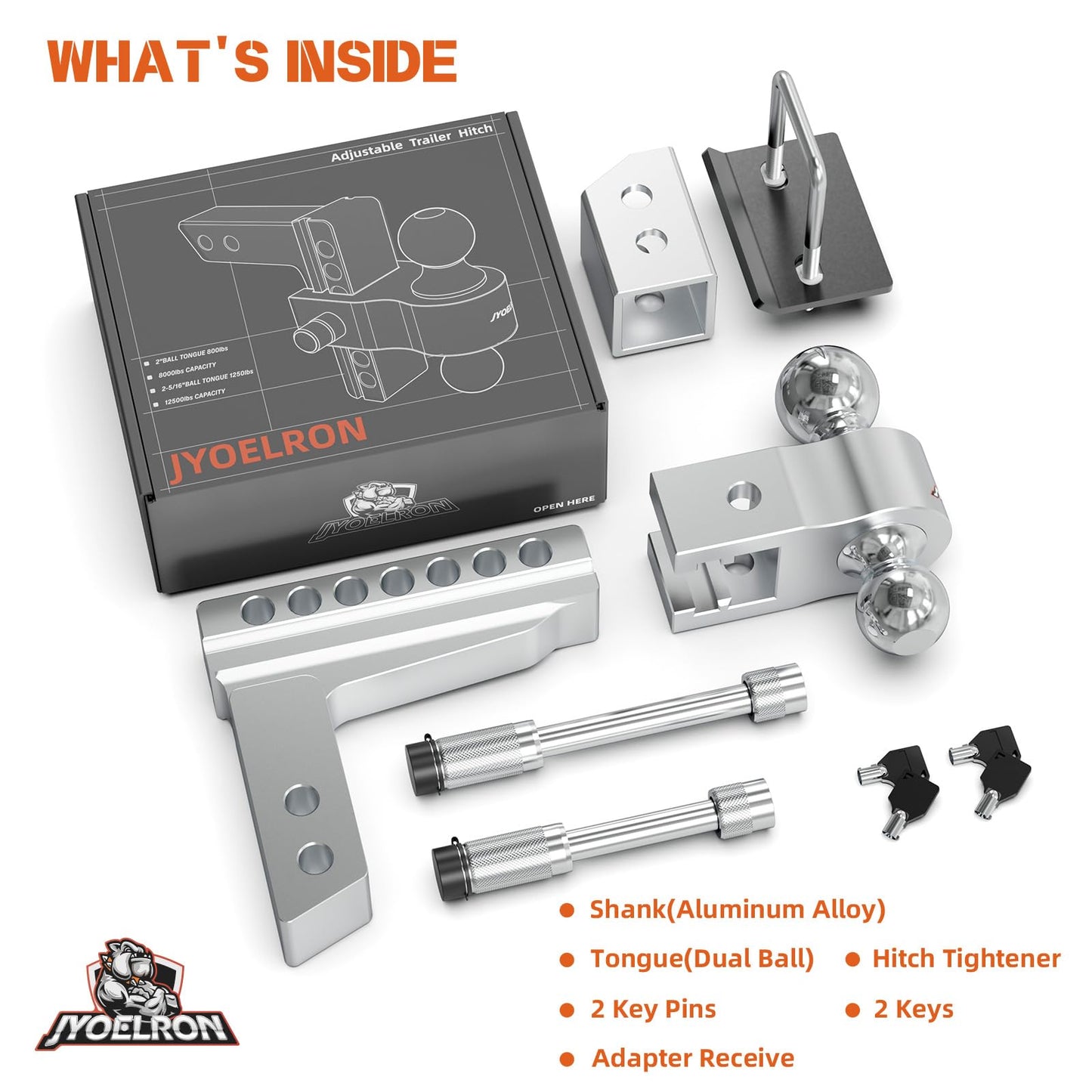 Adjustable Aluminum Trailer Hitch Ball Mount for 2" Receiver, Includes 2.5" Sleeve Adapter, 6" Drop/Rise, Dual Ball 2" & 2-5/16", 12,500 lbs GTW, Hitch Tightener with Locking Pins