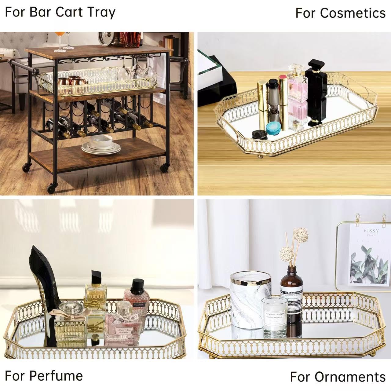 Bar Cart Tray, Decorative Mirrored Tray with Handles, Large Capacity Organizer, Gold