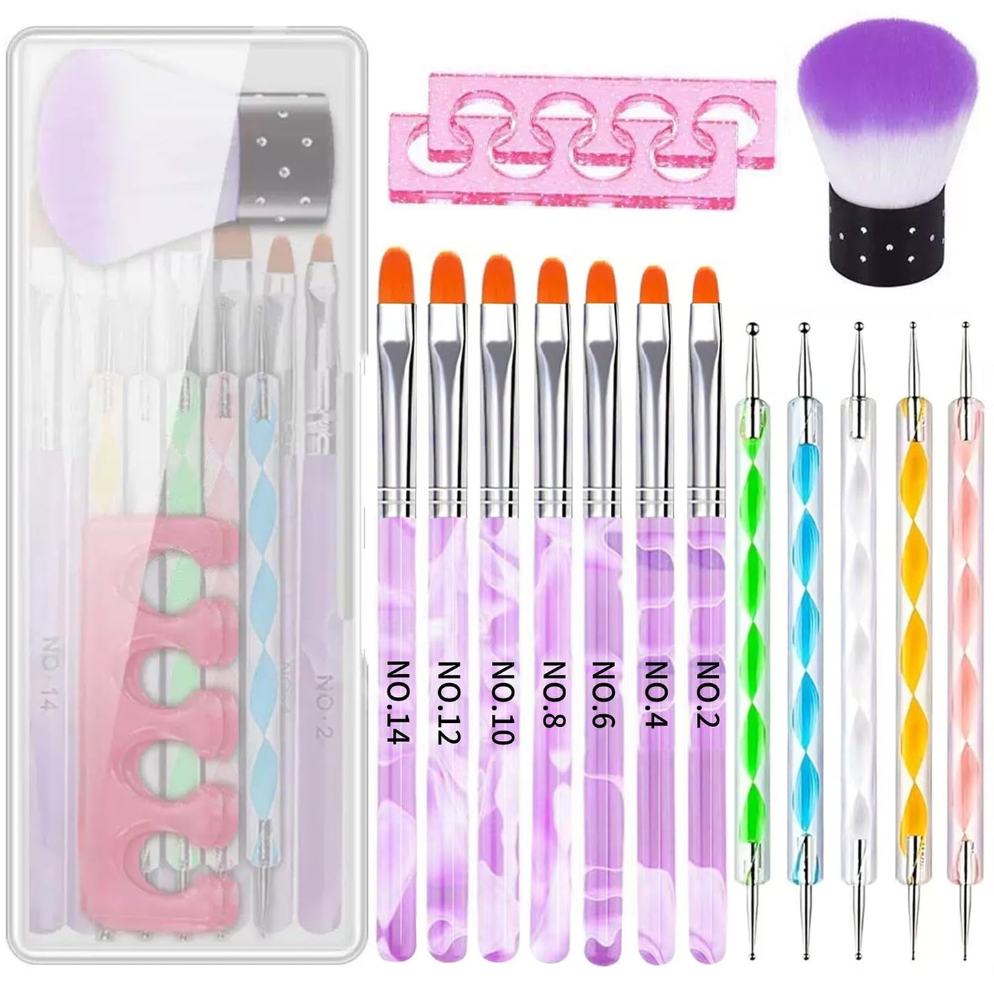 Purple Nail Art Brush Set, 7Pcs Gel Nail Brushes With Dotting Tools, Dusting Brush, Toe Separator, Manicure Tool Kit for Acrylic Application, Builder Gel. Gel Polish Paint, Nails Art Design