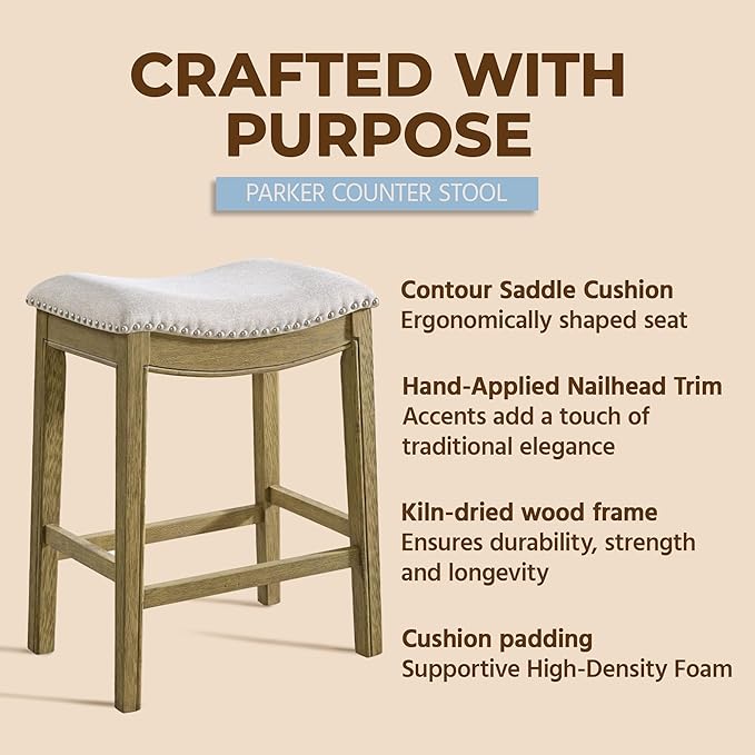 ROME + OAK Parker 26 Inch Counter Stool, Backless Saddle Kitchen Barstool in Natural Wood Finish with Wheat Cream Fabric Upholstery Cushion Seat