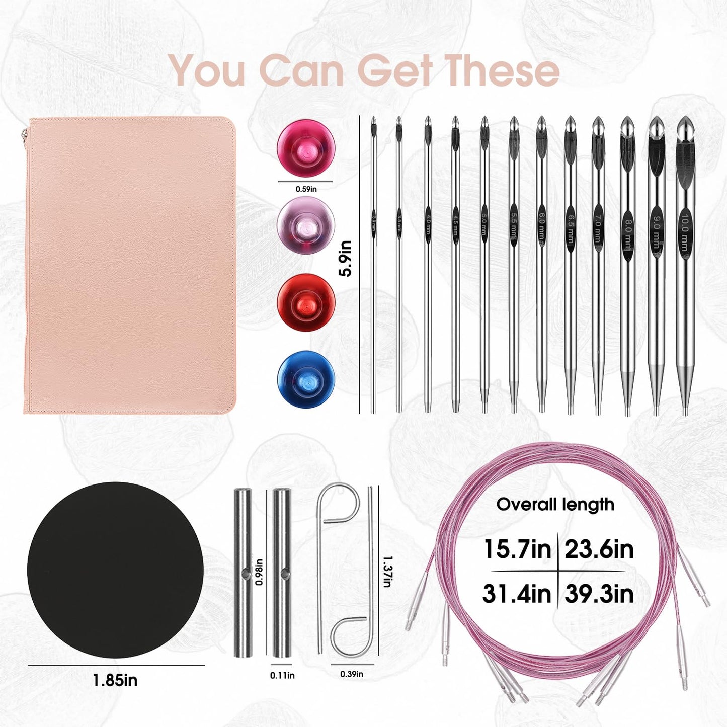 Tunisian Crochet Hooks Set Aluminum Metal Interchangeable Crochet Hook with Cable 3mm-10mm Ergonomic Crochet Hooks for Arthritic Hands 26Pic (Pink)