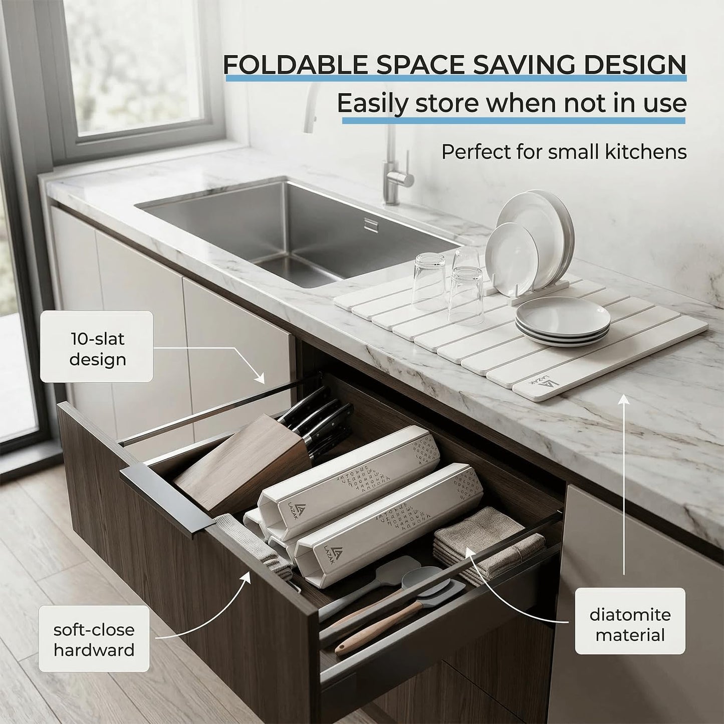 Foldable Diatomite Stone Drying Mat for Kitchen Counter, Fast Drying Dish Drying Mat, Stone Dish Drying Mat, Dish Mat Drying Kitchen Mat, Kitchen Drying Mat with 3 Silicone Dishwashing Brushes