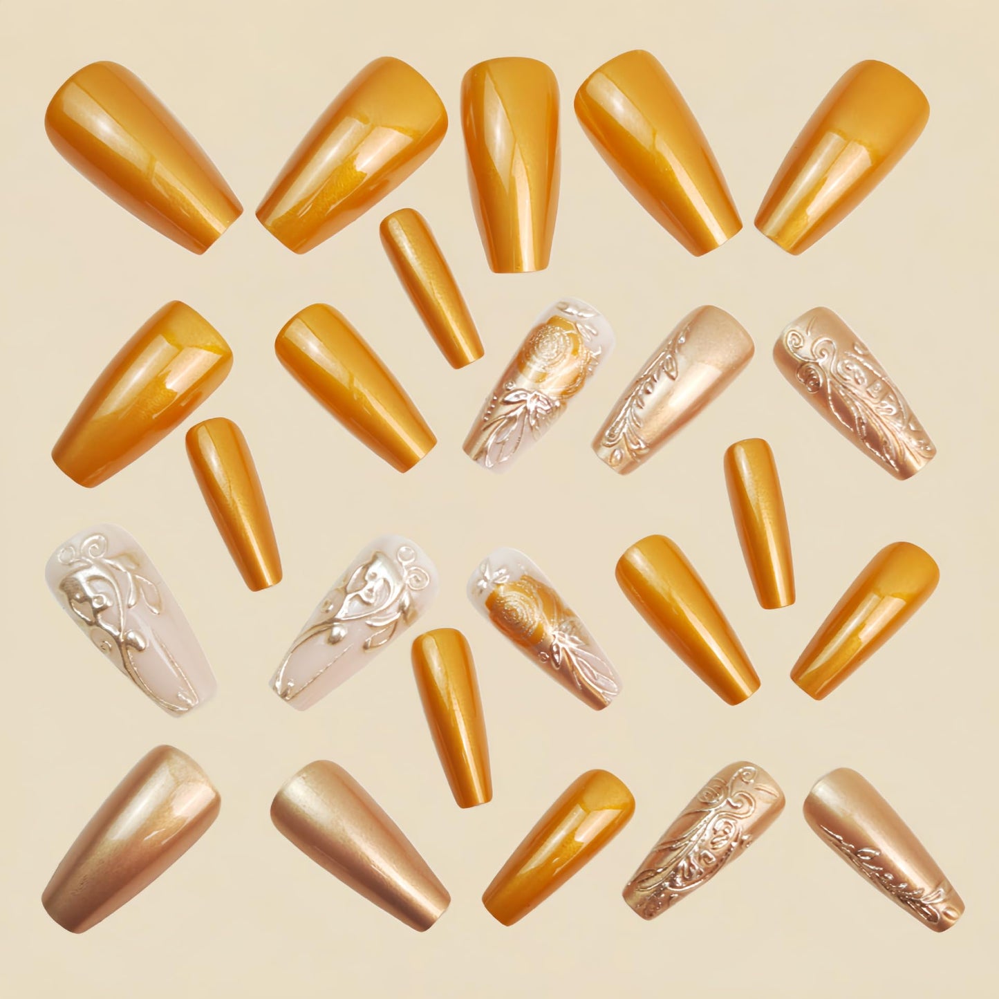 Press on Nails Medium Square Fake Nails Gold Flowers Leaf False Nails Glossy Metal Chrome Acrylic Nails Full Cover Glue on Nail Reusable Artificial Nail for Women Manicure 24Pcs