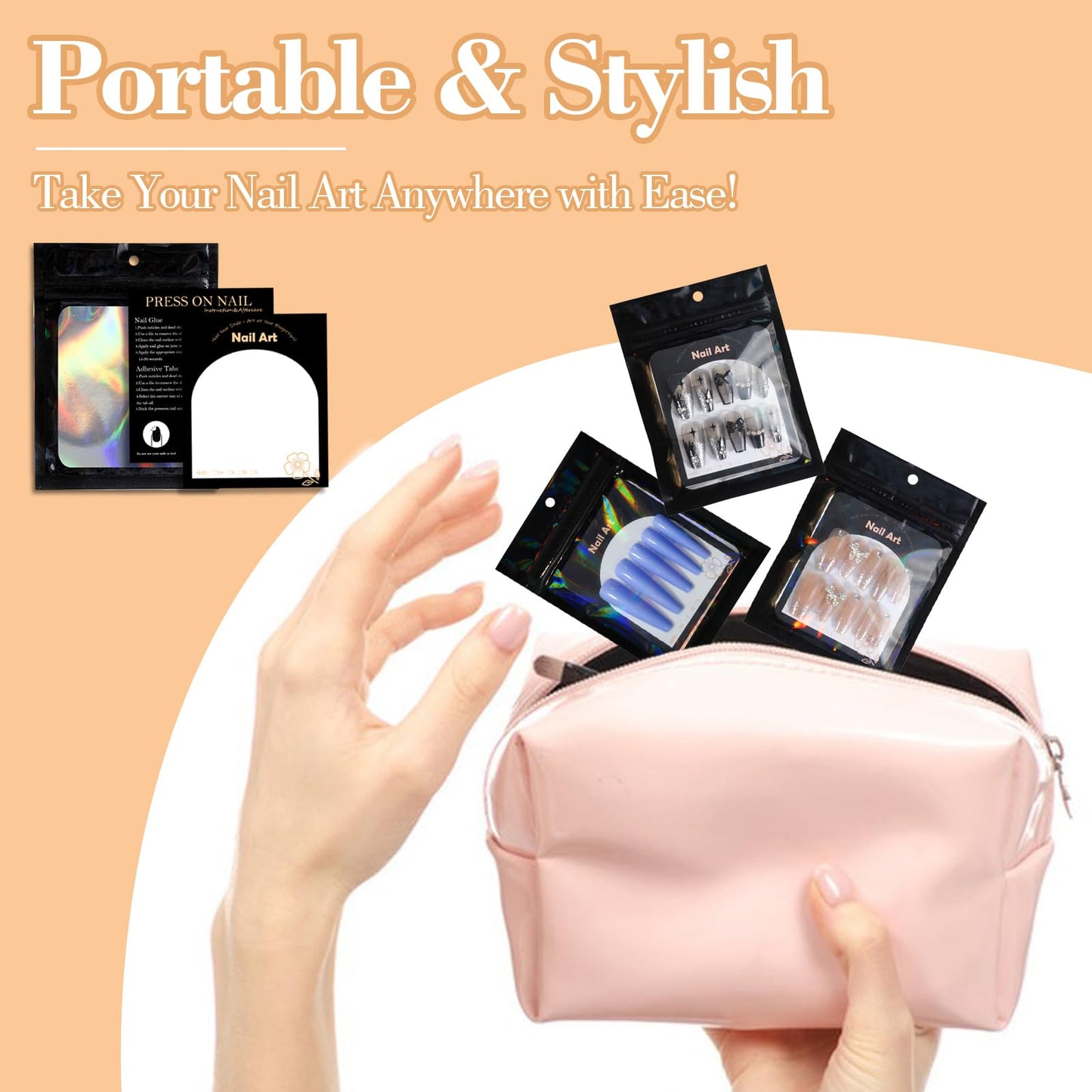 202pcs Press on Nail Packaging Bag, 100pcs Empty Holographic Nail Storage Bag and 100pcs Instruction&Display Black Cardboard with 2 Roll Transparent Tape for Nail Display Profession Salon (Black, 100)