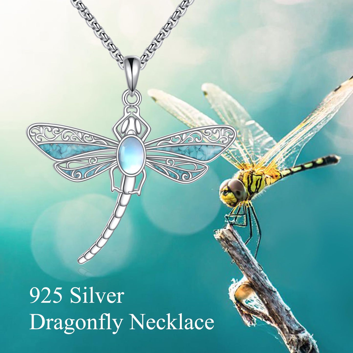 HKPATOP Dragonfly Necklace 925 Sterling Silver Dragonfly Turquoise Pendant Animal Jewellery Gift for Women