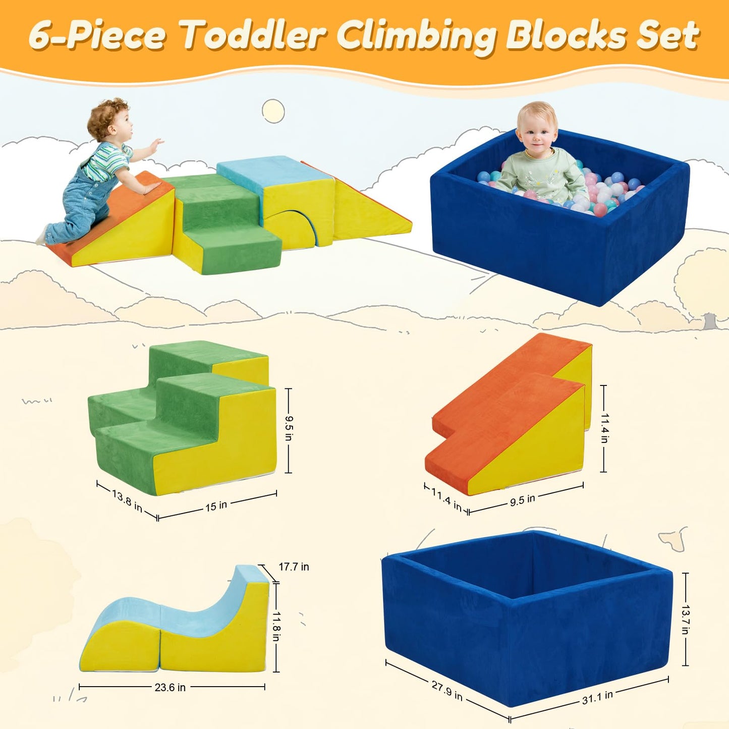 STAOLENE Soft Foam Climbing Blocks with Ball Pit, 6PCS Color Indoor Climbing Toys for Toddler, Climb and Crawl Activity Play Set, Play Gym for Child Development (Balls not Included)