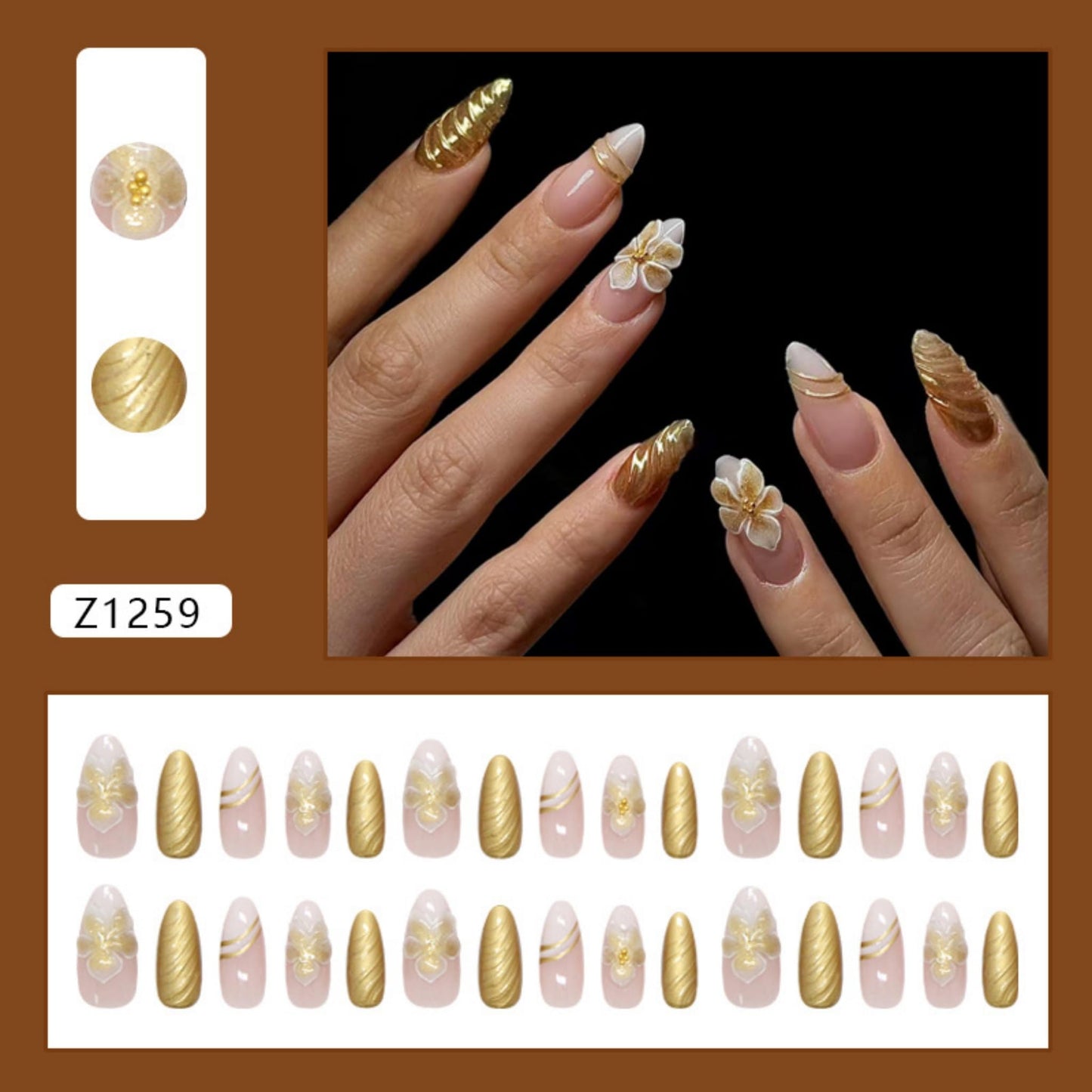 Almond Press on Nails Long Fake Nails Gold Acrylic Nail Press ons Seeneey Flowers Cute Stick on Nail for Women 24pcs
