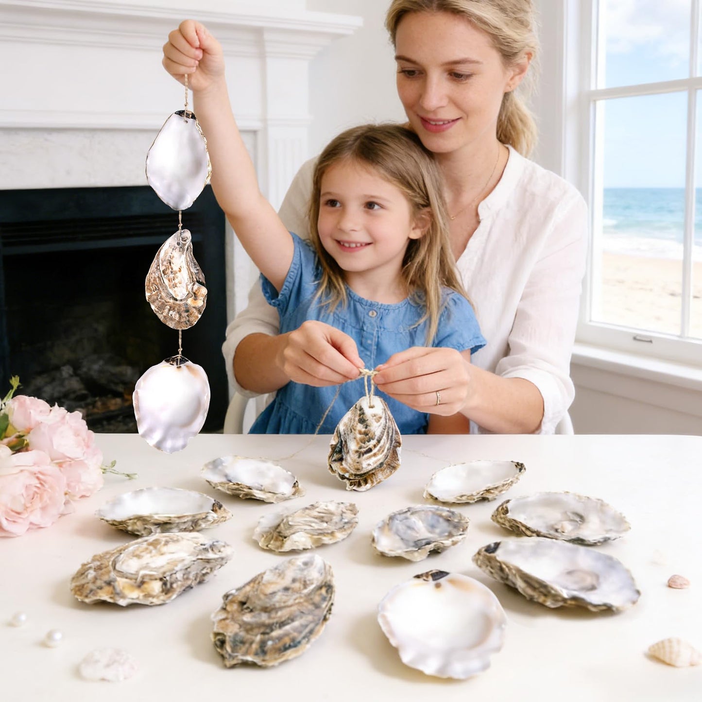 20Pcs Oyster Shells for Crafts,4"-5" Natural Large Flat Oyster Shells with Holes Drilled & Jute Rope for DIY Crafting, Sea Shells Ornaments Decoupage for Beach Home Decor Painting Chicken (20)