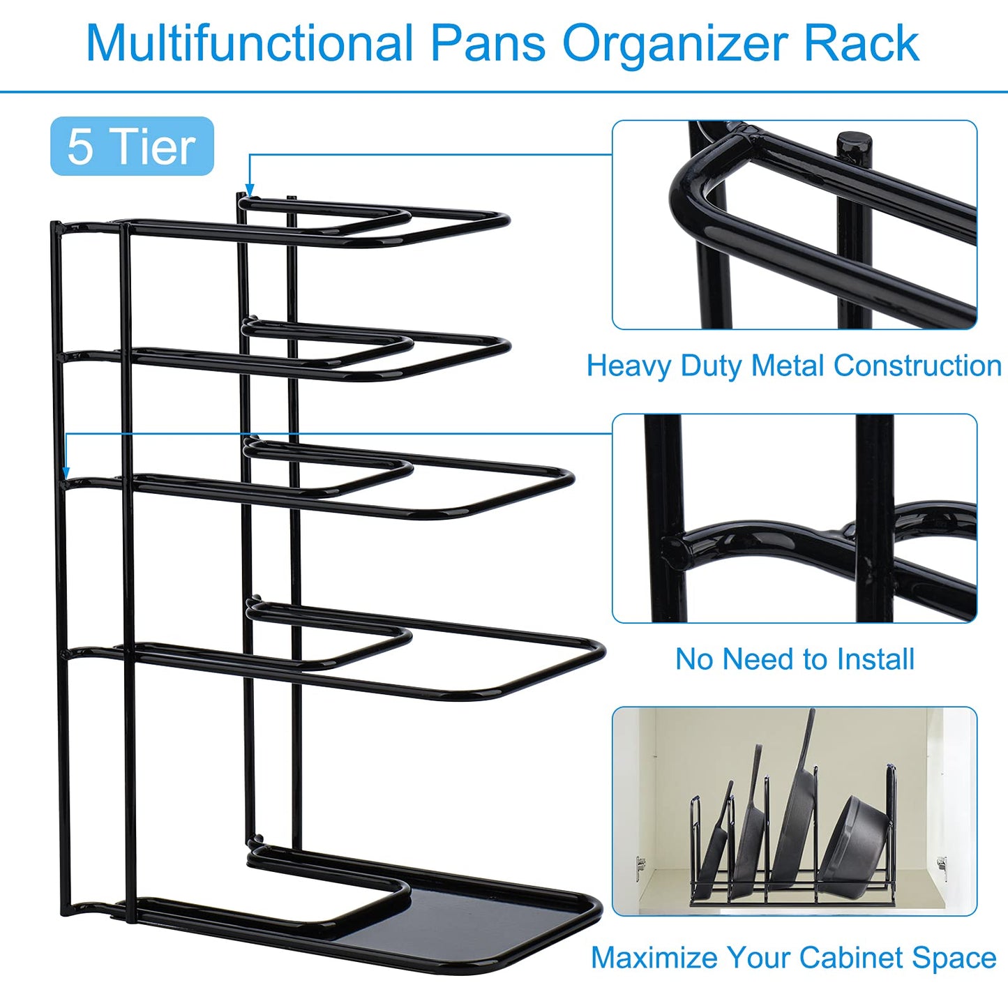 Toplife Heavy Duty Pan Organizer, 5 Tier Pot and Pan Organizer Rack for Cast Iron Skillets, Griddles and Pots - Sturdy Steel Construction- No Assembly Required - Black