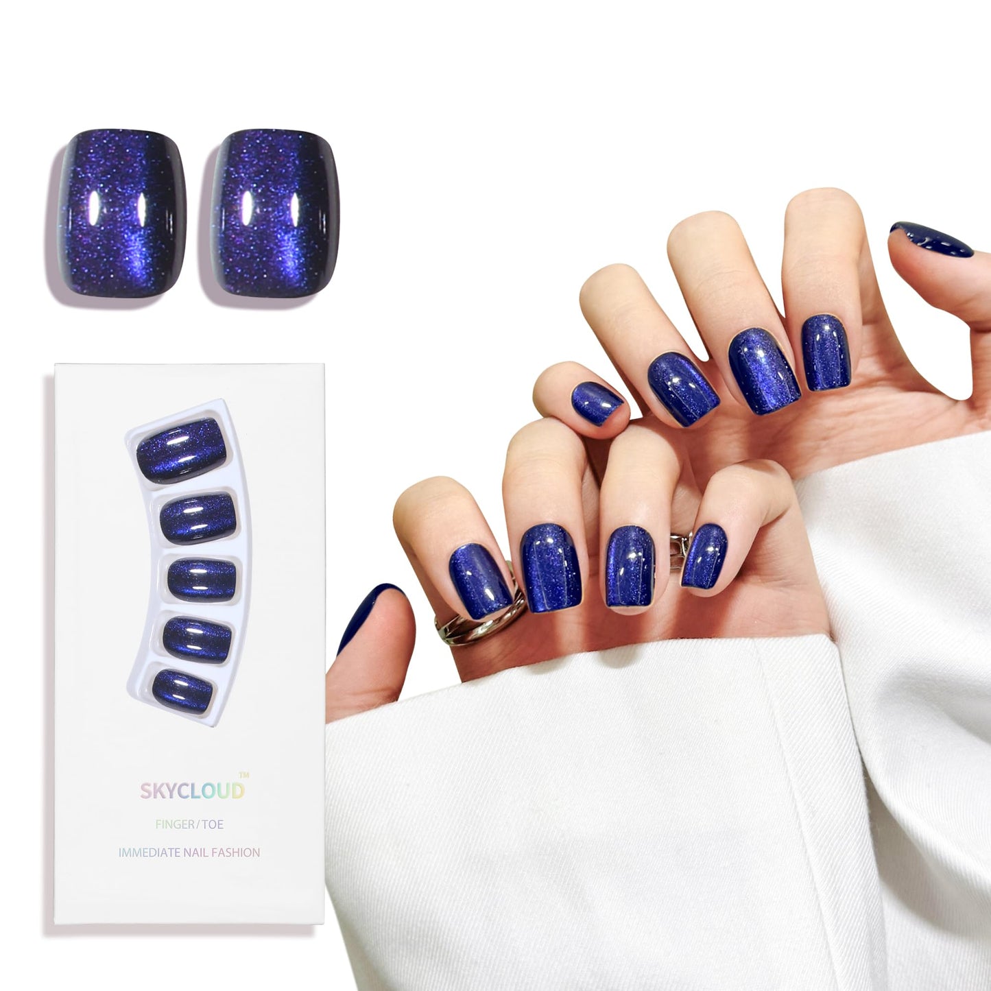 Navy Blue Cat Eyes Press On Nails,12 Sizes - 24 Pcs Soft Gel Blue Short Squoval Fake Nails Kit with Nail Glue, Natural Reusable Stick On False Nails for Women and Girls SK1061
