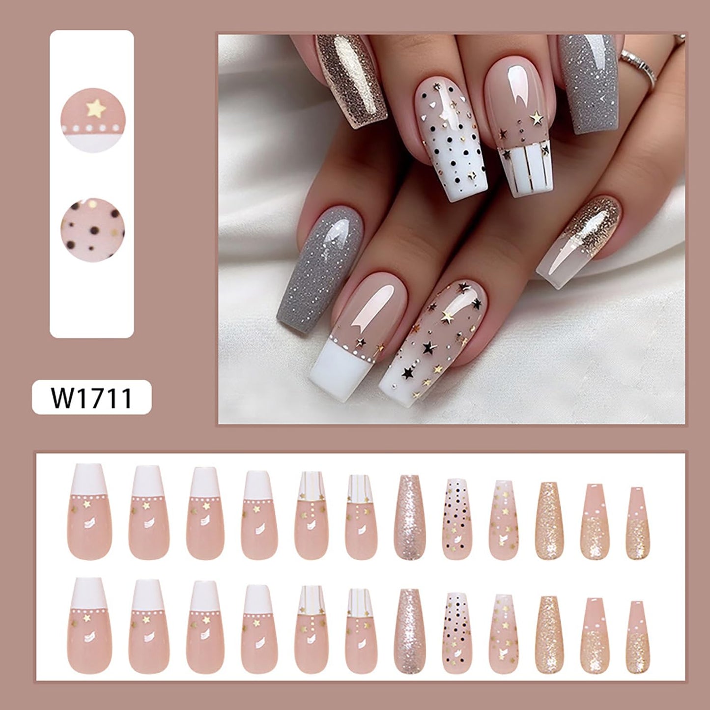 Press on Nails Medium Square False Nails French Stick Ons With Gold Glitter Stars Design Acrylic Coffin Nails Full Cover Reusable Artificial Glossy Press Ons For Women