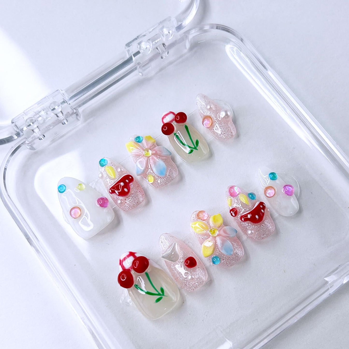 Short Almond Press on Nails Luxury Handmade Nails with Glue,3D Cherry Mushroom Rhinestone Designs False Nails Handmade Nail Press ons Muti-Layer Gel French False Nails for Women (Size S)