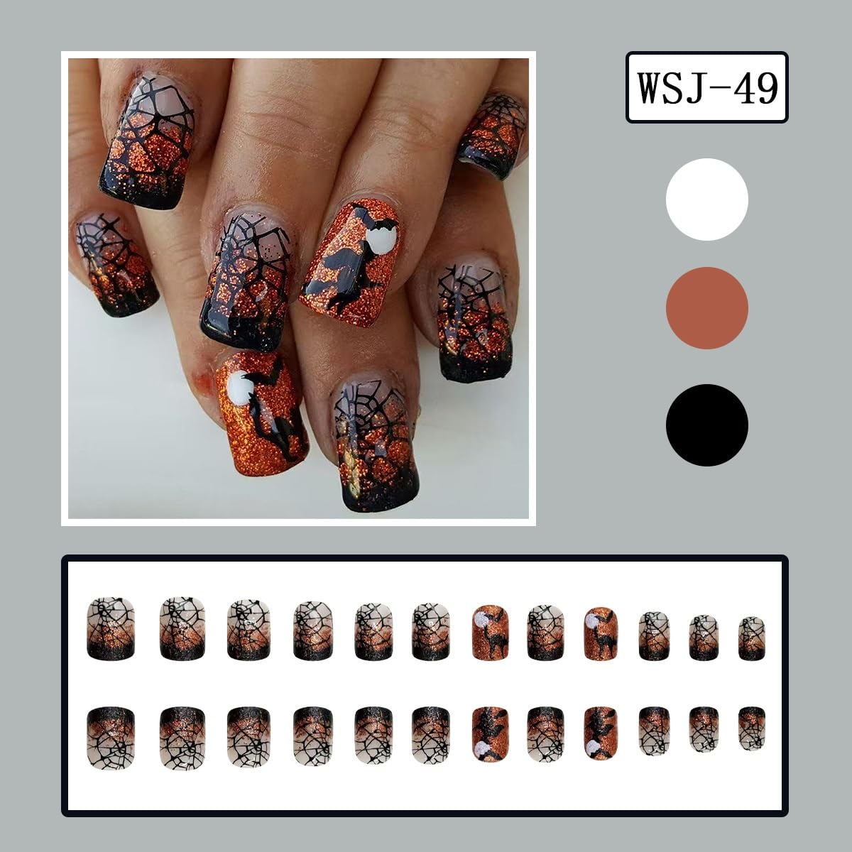Halloween Press on Nails Short Square Fake Nails Spider Web Bat Cat Witch Designs Stick on Nails French Tip False Nails Orange Glitter Nail Artificial Acrylic Glue on Nail for Women Manicure 24Pcs
