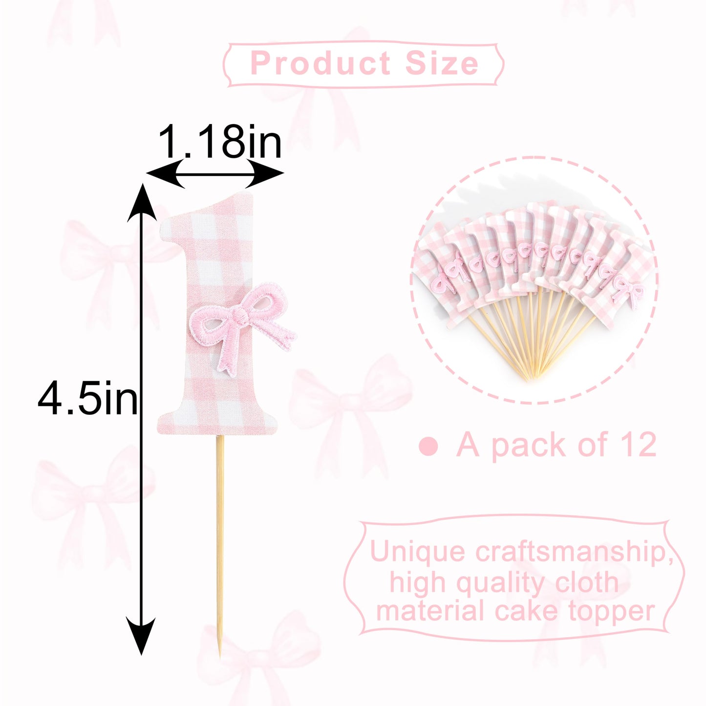 12Pcs Bow 1st Birthday Cupcake Toppers - Sweet One Birthday Decorations,First Wedding Anniversary Bowknot Cupcake Toppers,Pink Bow Cake Smash Photo Props,Coquette Party Table Centerpieces