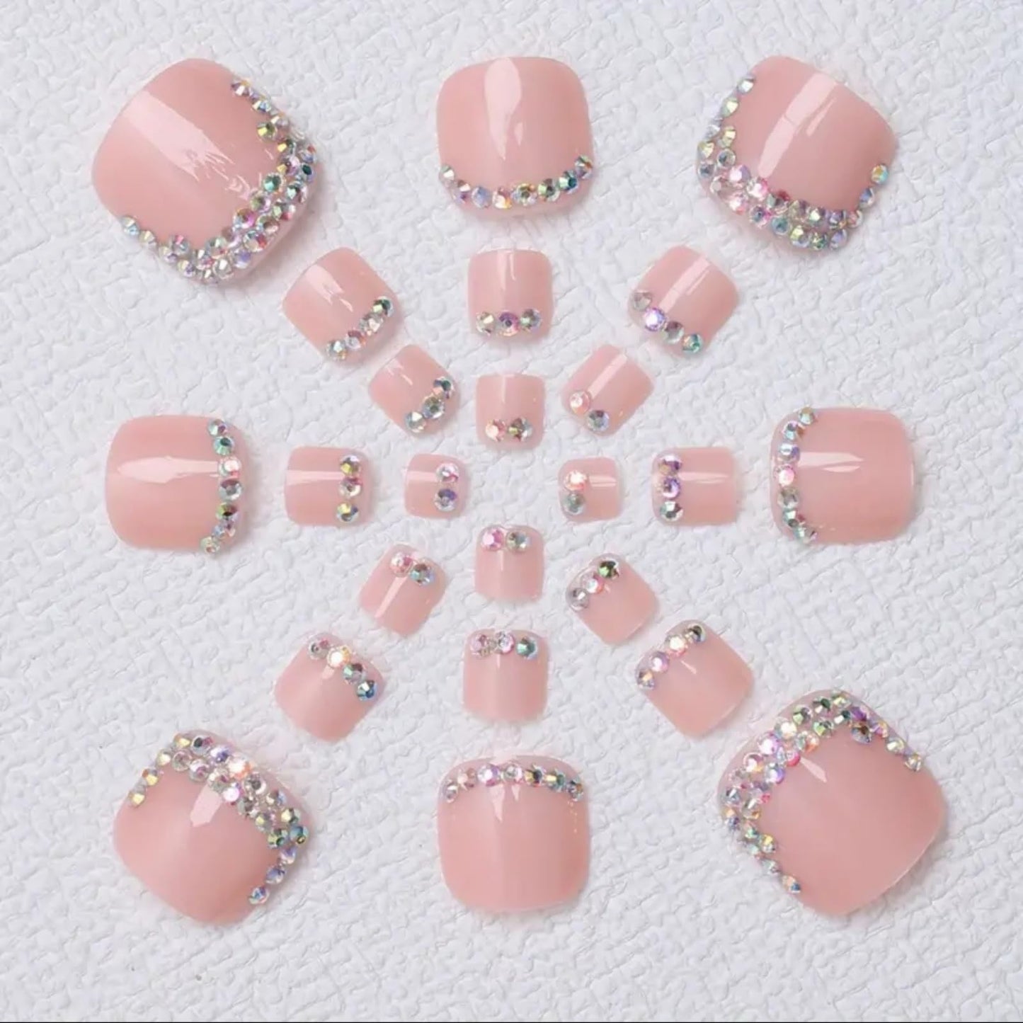 French Press on Toenails Short Square Fake Toe Nails Rhinestone False Toenails Glossy Full Cover Acrylic Glue on Toenails Nude Toe Nails Bling Stick on Toenails for Women 24 Pcs