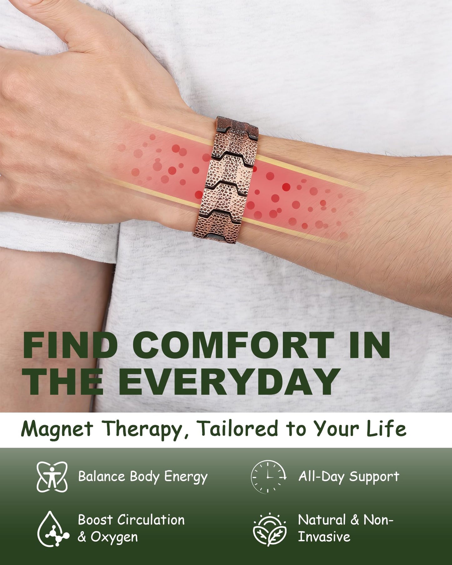 MagEnergy Copper Bracelet for Men, 3X Strength Magnetic Bracelet with 3800 Gauss Magnets, Hammered Design&Patent Pending, Adjustable Length with Sizing Tool