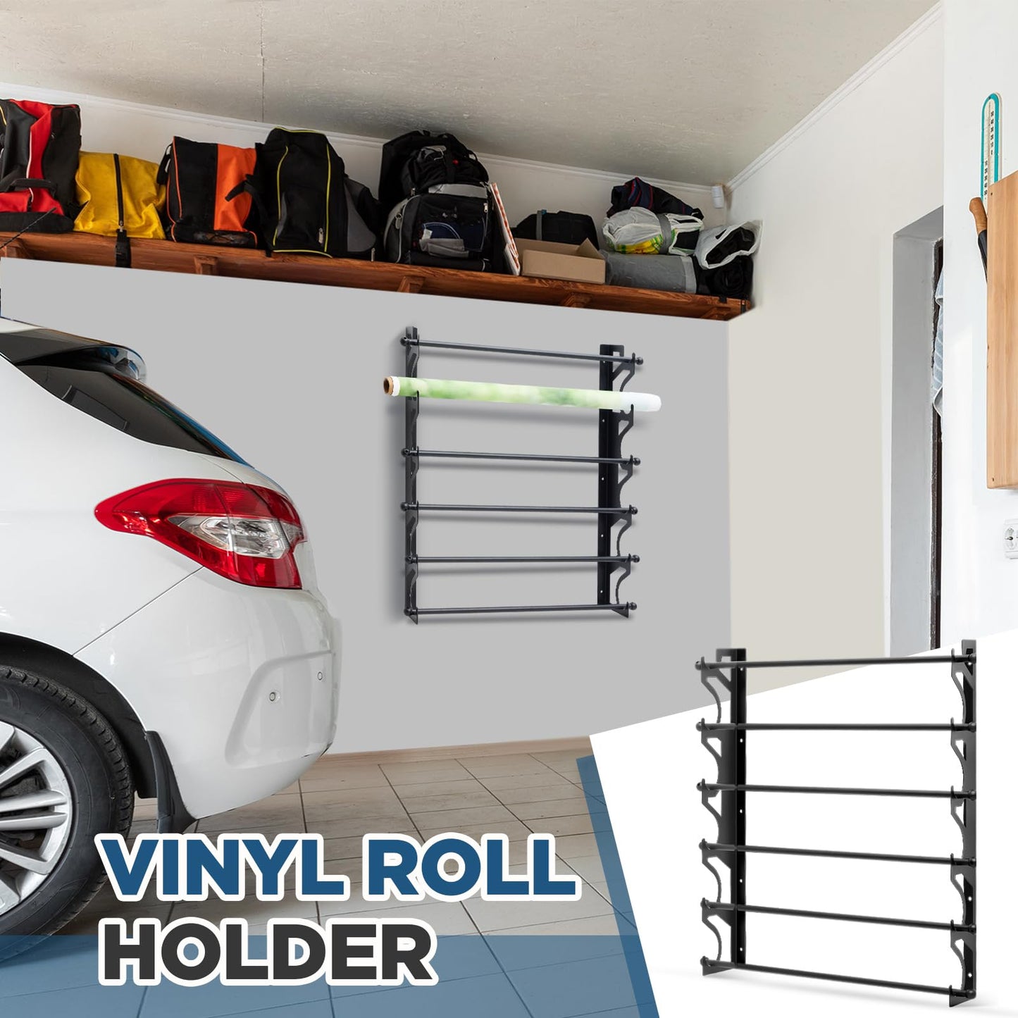 Kritkin 6 Roll Vinyl Roll Holder Adjustable Metal Vinyl Rack Wall Mount for Car Wrap Material Transfer Paper Tape Wallpaper Window Film Garage Workshop, Bracket Only