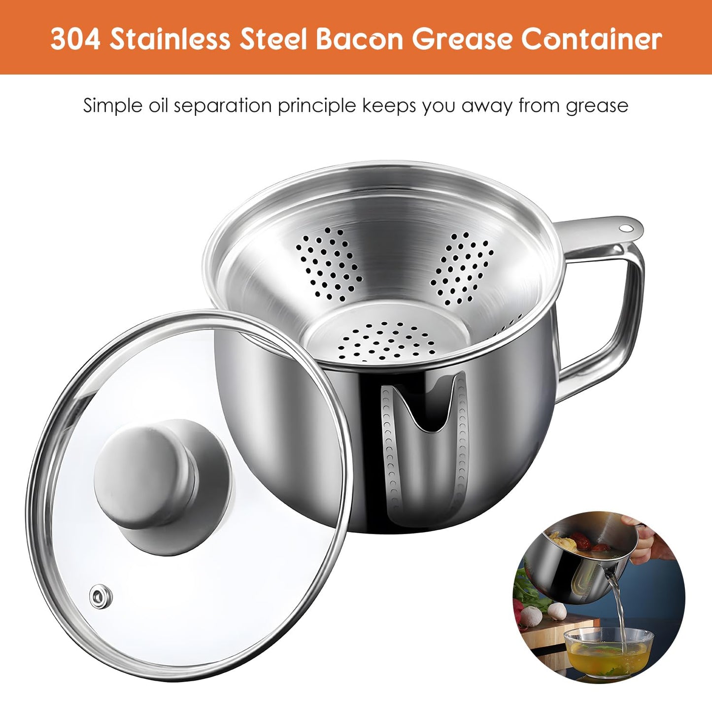 Hapivida Bacon Grease Container with Strainer, 35oz/1L Stainless Steel Oil Separator Saver with Fine Mesh Strainer Oil Filter Pot with Lid Fat Storage