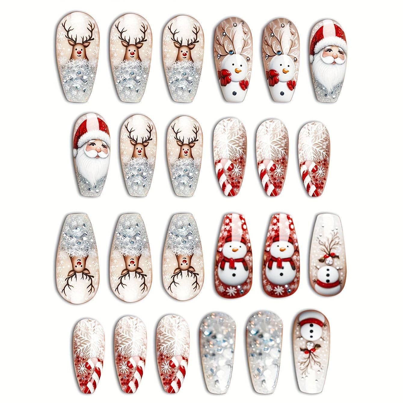24Pcs Christmas Press on Nails EIK Snowman Coffin Fake Nails Winter Snowflake Medium False Nails with Crutch Designs Xmas Glue on Nails Full Cover Reusable Acrylic Nail for Women