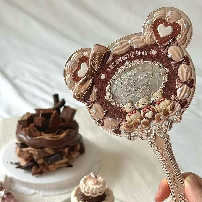 Flower Knows The Sweetie Bear Hand Mirror,Vintage Portable Handheld Mirror,Fancy & Pretty Princess Mirror with Long Handle,Gift for Girls(Carmal Brown)