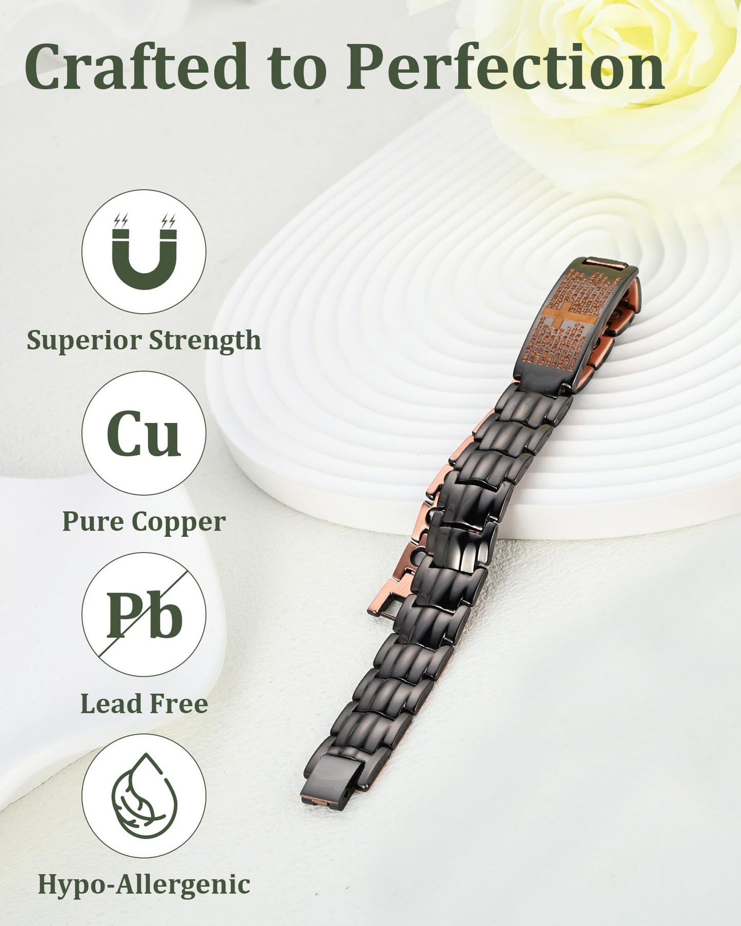 Fashtour Copper Cross Bracelet for Men - Ultra Strength Magnetic Mens Cross Jewelry Set - Adjustable Magnetic Bracelet with Sizing Tool Jewelry Box(Black)