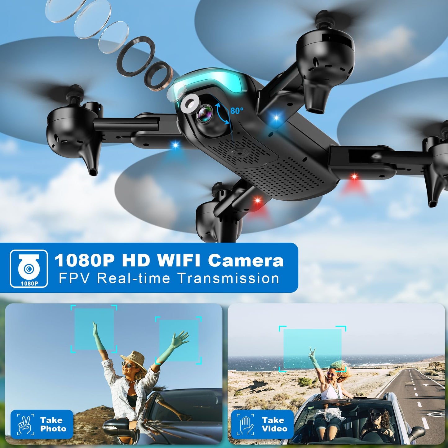 Drone with 1080P Camera, Foldable Drone for Beginners with Light, Upgrade Altitude Hold, Gesture Selfie, Waypoint Fly, 3D Flip, 3 Speed Mode, Circle Fly, One Key Start