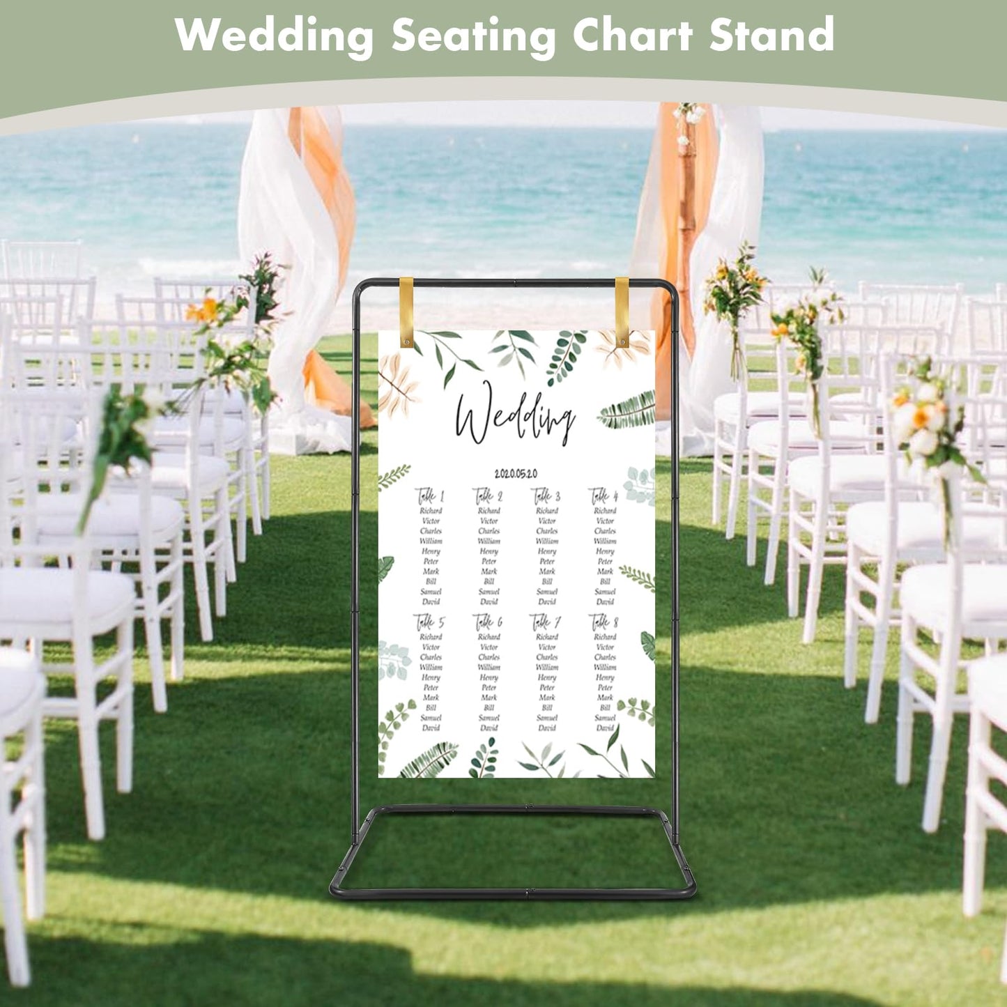ParseBio Wedding Sign Holder, 68”x31”x 20” Adjustable Black Welcome Sign Stand with Leather Sign Hanging Straps, Sign Rack,Heavy Duty Easel for Valentines Day, Wedding Seating Chart Stand