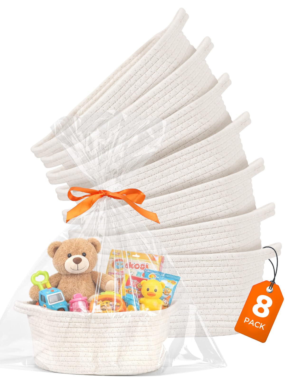 8 Pack Small Woven Baskets for Gifts Empty, 12"x8"x5" Cotton Rope Storage Baskets with Handles, Gift Basket Kit with Bags & Ribbons for Baby Shower, Nursery, Christmas, Easter, Bulk White