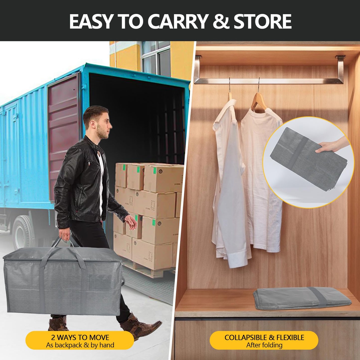 Extra Large Storage Bags Set Heavy Duty Moving Totes with Handles, Waterproof Dual-Way Carrying Design Fold Flat Storage Totes For Effortless Moving, (Gray, 12 Park-2 Moving bag & 10 Vacuum Seal Bags)