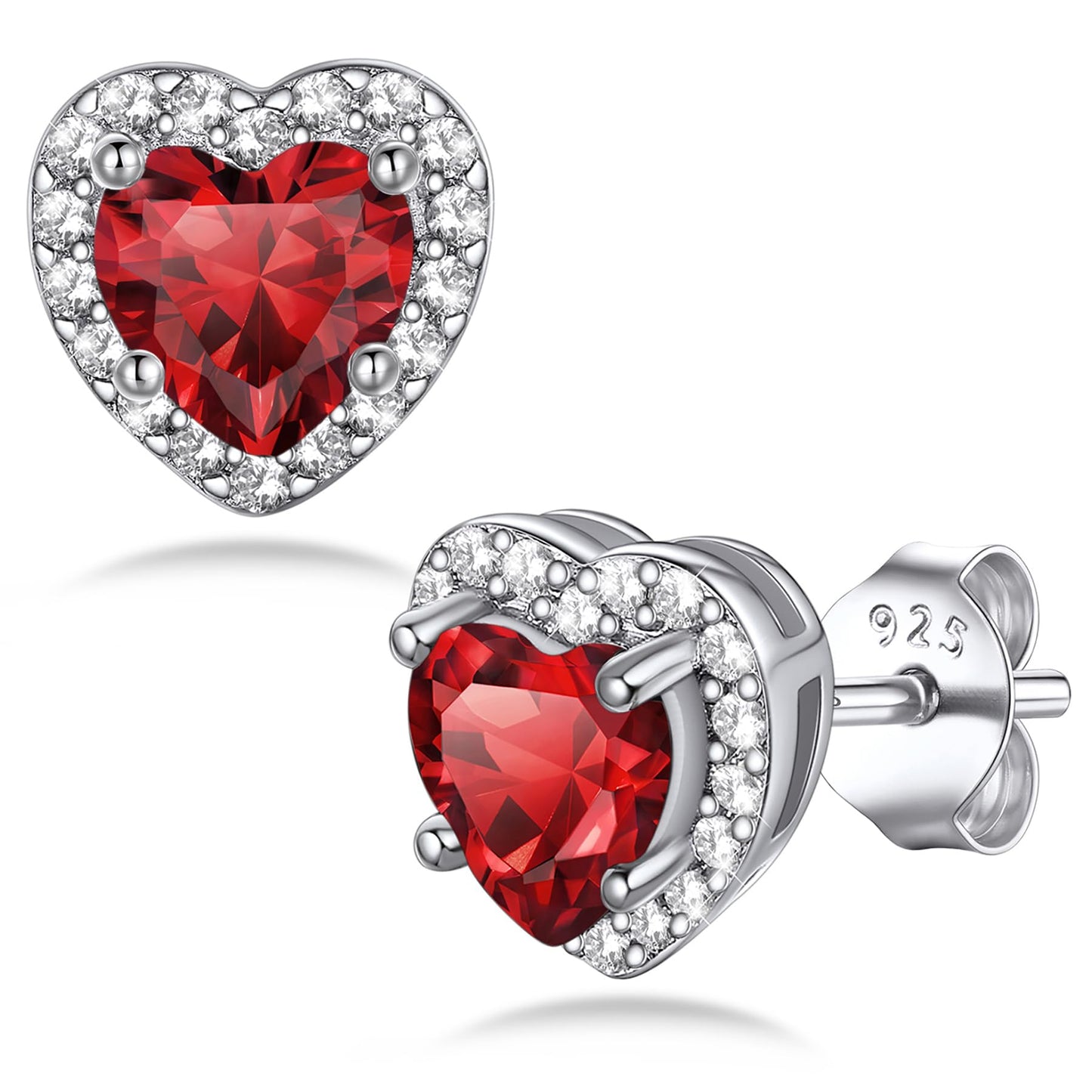 Bestyle 925 Sterling Silver Created Diamond Earrings Heart Studs for Women, 5mm January Granet Birthstone Gem Earrings Illuminated by 1mm White Cubic Zirconia