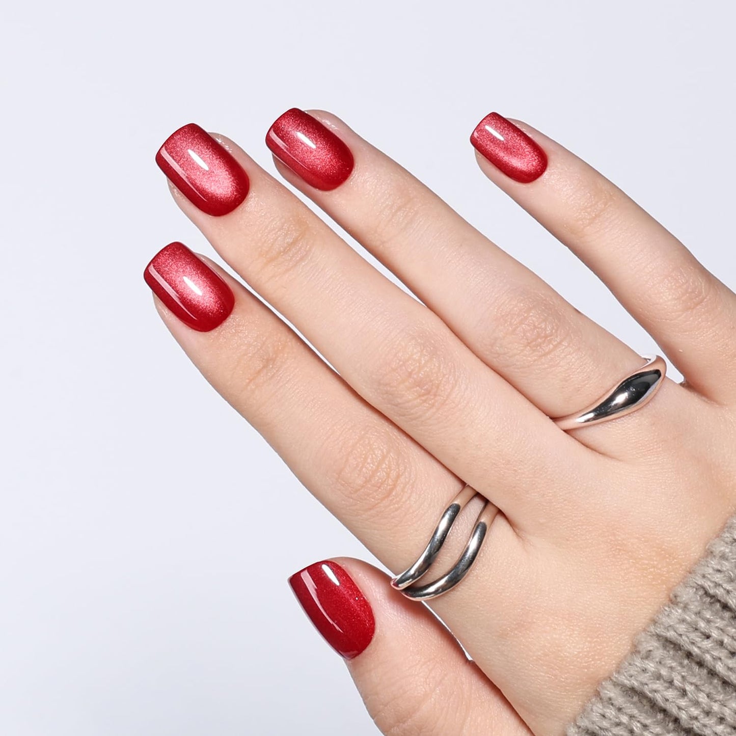Red Cat Eye Press On Nails Square- Red Short Square Fake Nails, Cateye Press On Nails Reusable Stick On Nails in 15 Sizes, 30pcs False Nail Kit for Women & Girls (Ruby Night)