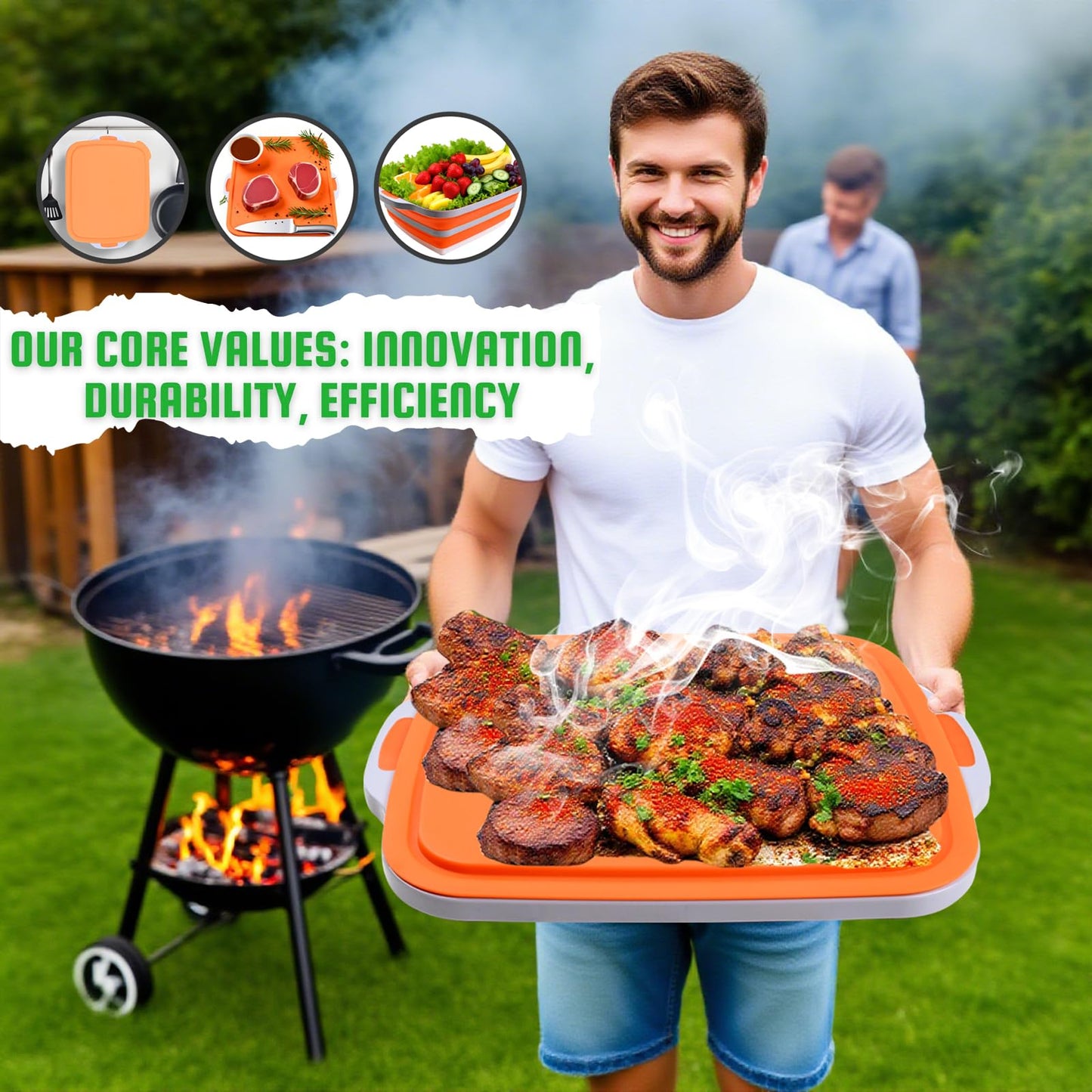 Collapsible BBQ Prep Tub with Lid & Cutting Board 8L - Meat Marinating Basin & Grill Carry System - 5pc Set with Heat Resistant Gloves, Basting Brush & Spatula(Orange, Large, 8L)