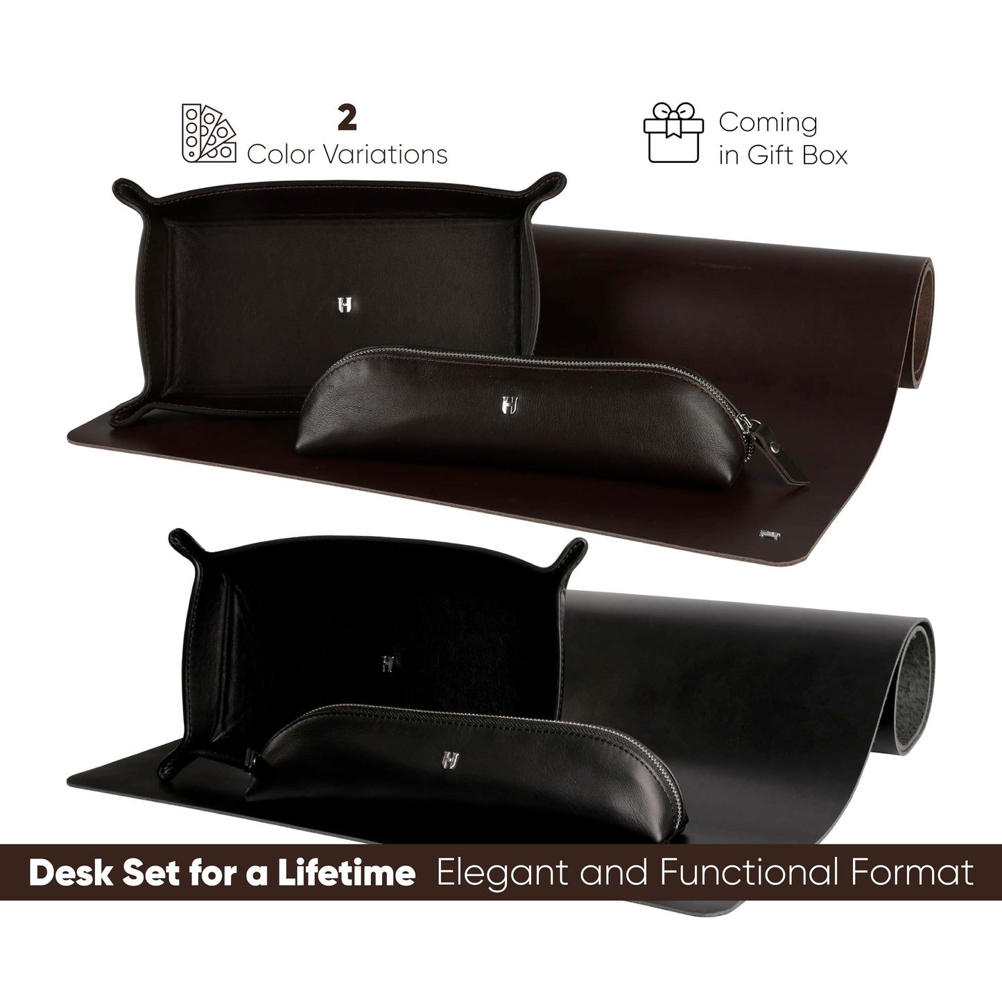 HELMBROOK London 3-Pc Premium Full-Grain Leather Desk Organizer Set | Mat, Pencil Case & Tray | Chic Decor Accessories | Gift for Christmas, Birthday & Anniversary, Brown